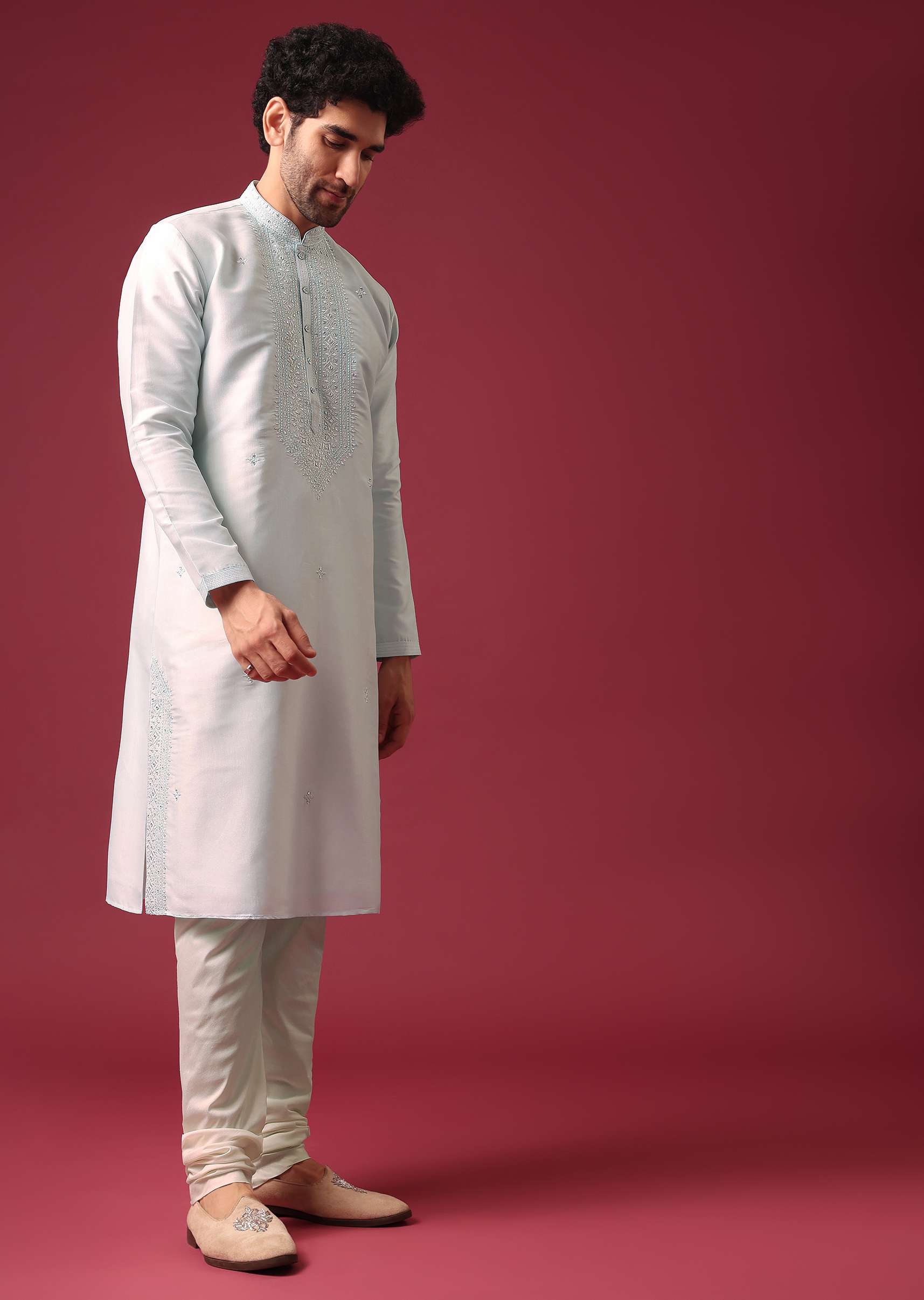 Blue Kurta Set In Silk With Mirror Work - Image 5