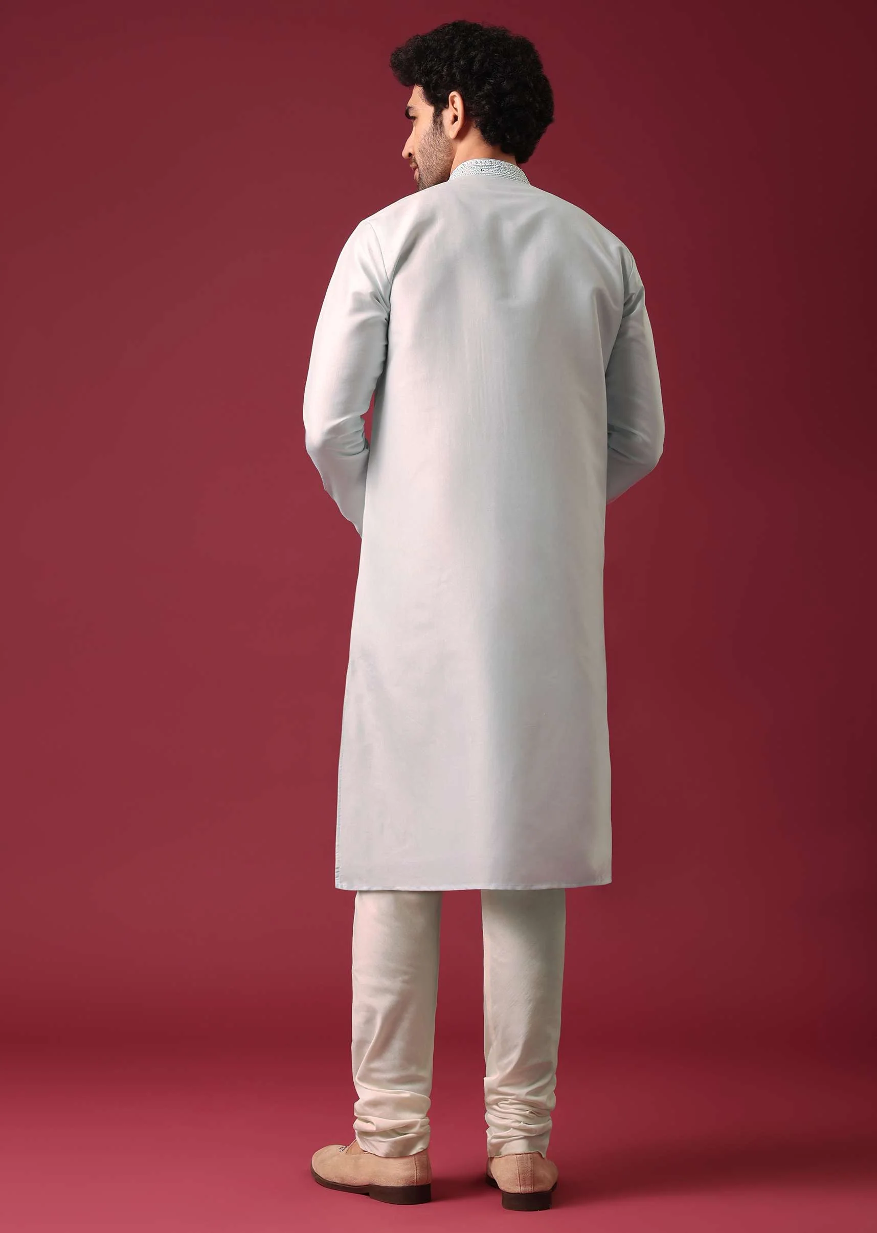 Blue Kurta Set In Silk With Mirror Work - Image 6