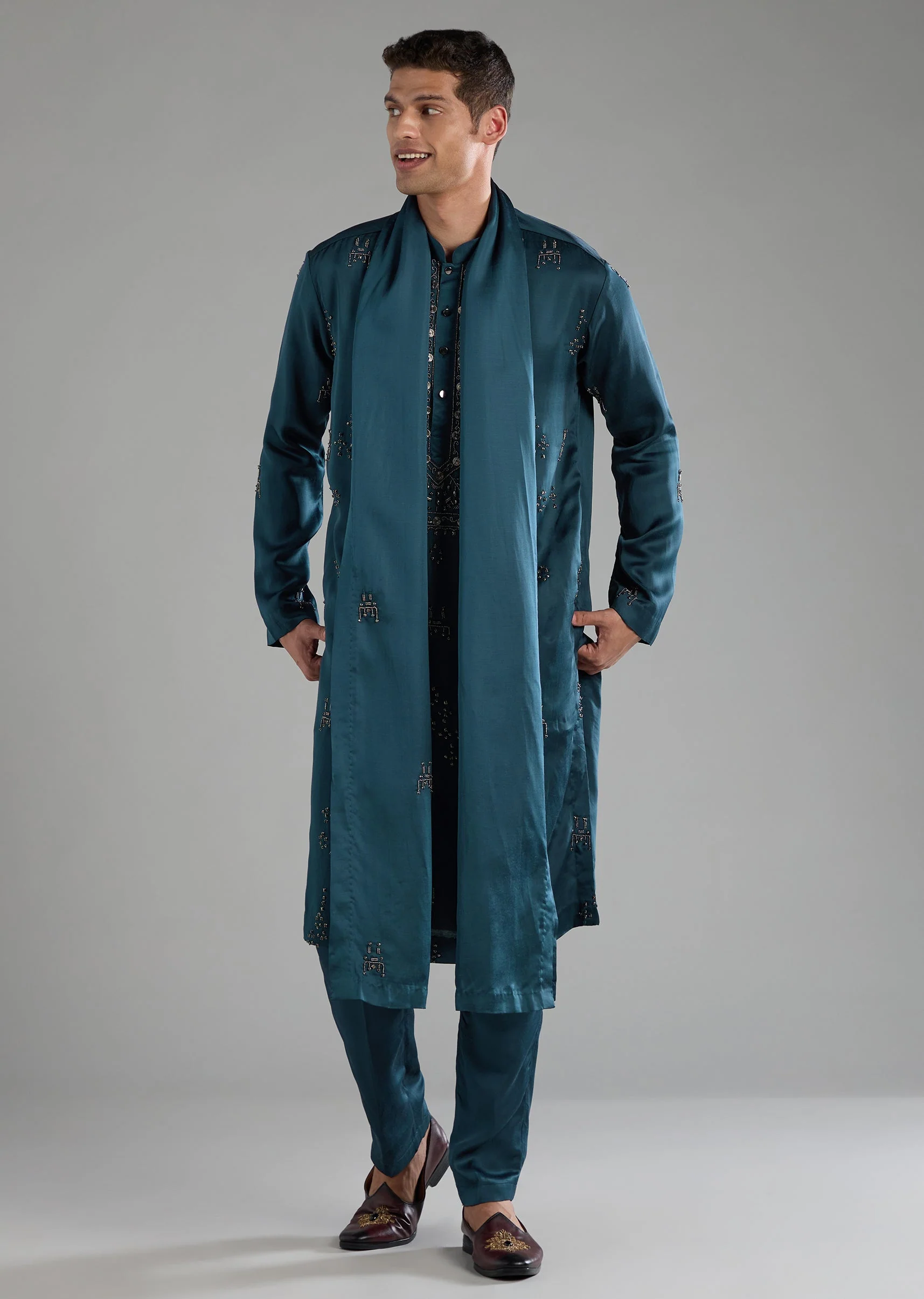 Blue Linen Blend Silk Embroidered Mens Kurta Set - Image 3