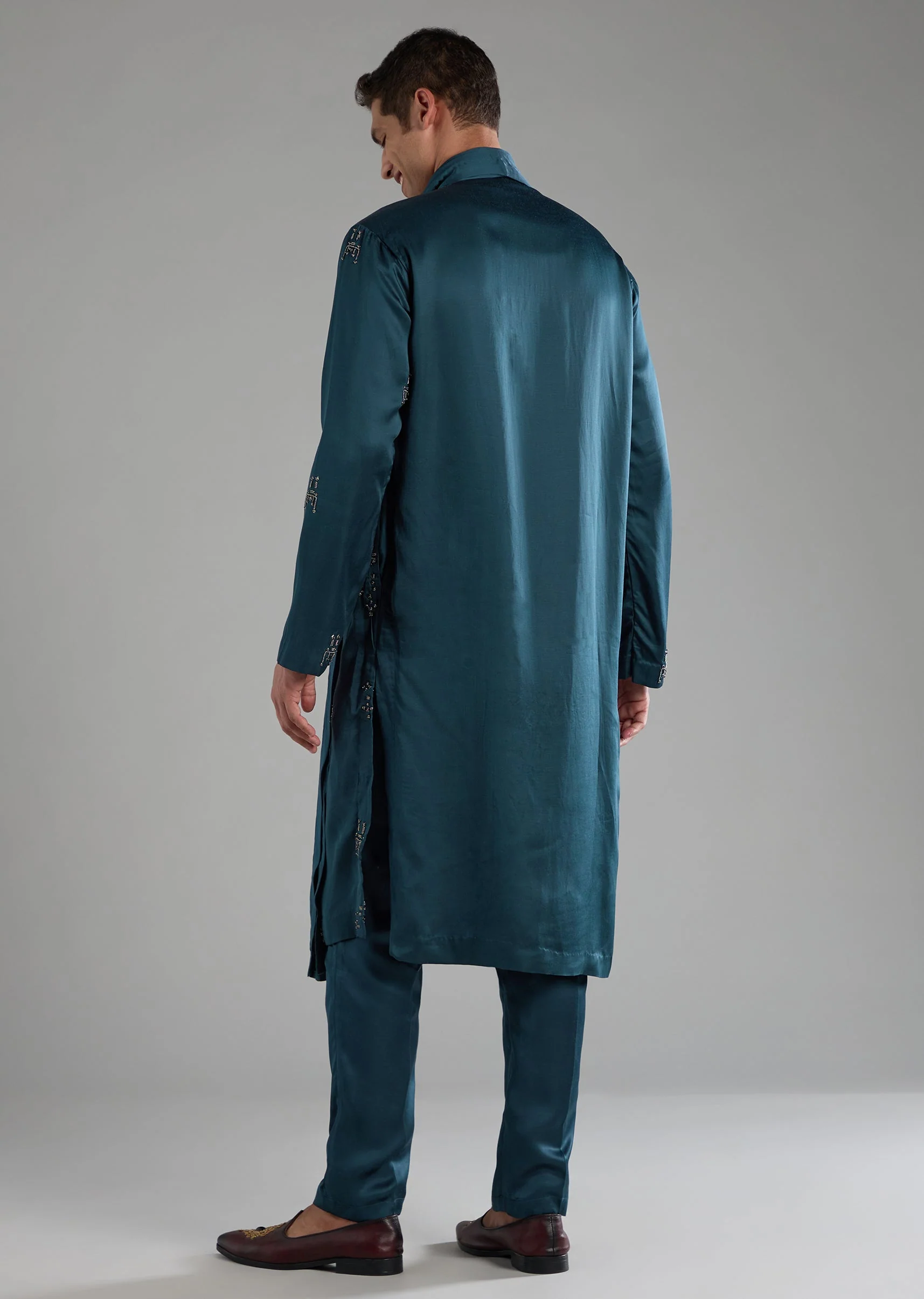 Blue Linen Blend Silk Embroidered Mens Kurta Set - Image 5