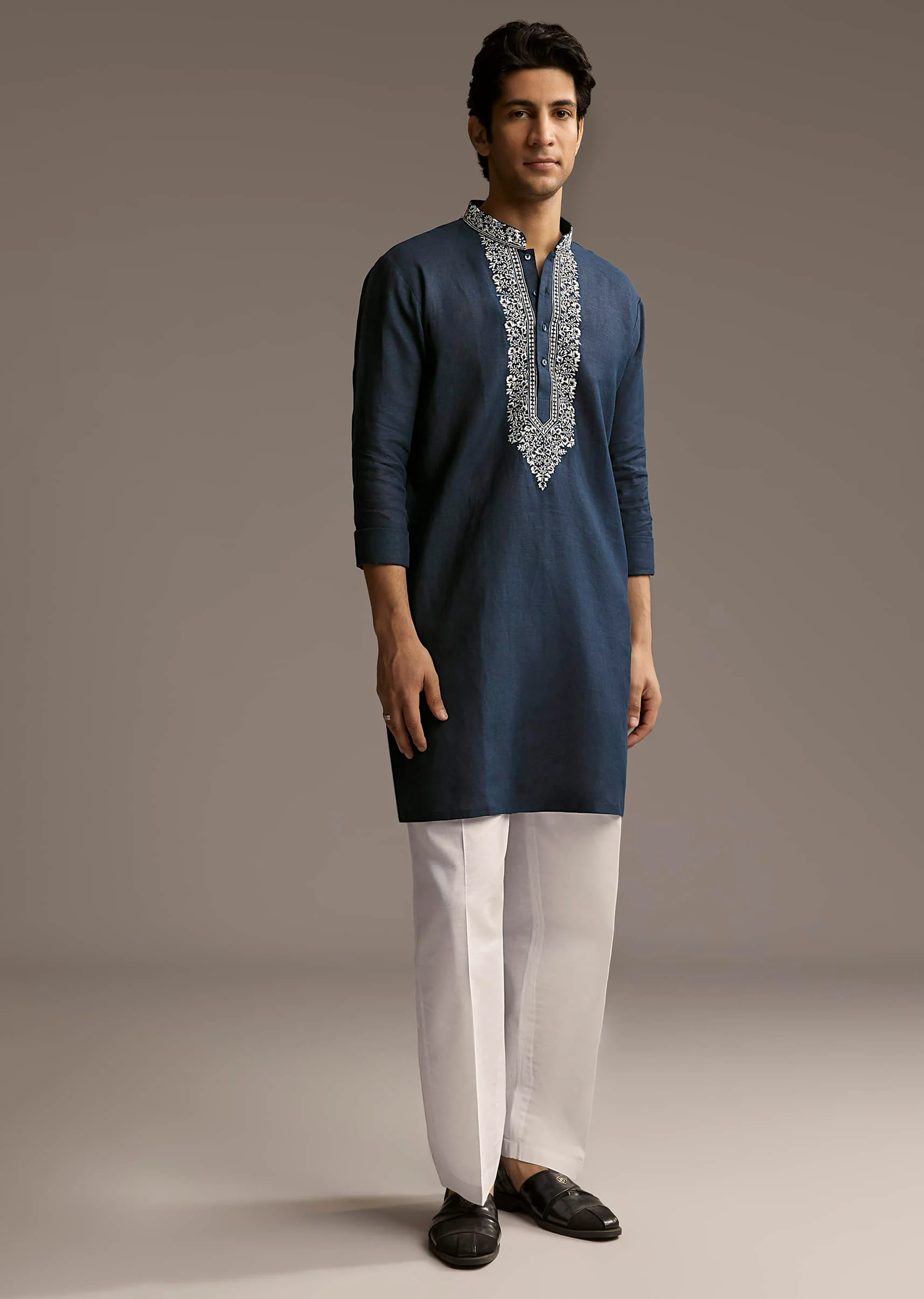 Blue Linen Kurta Set For Men With Thread And Resham Embroidery - Image 3