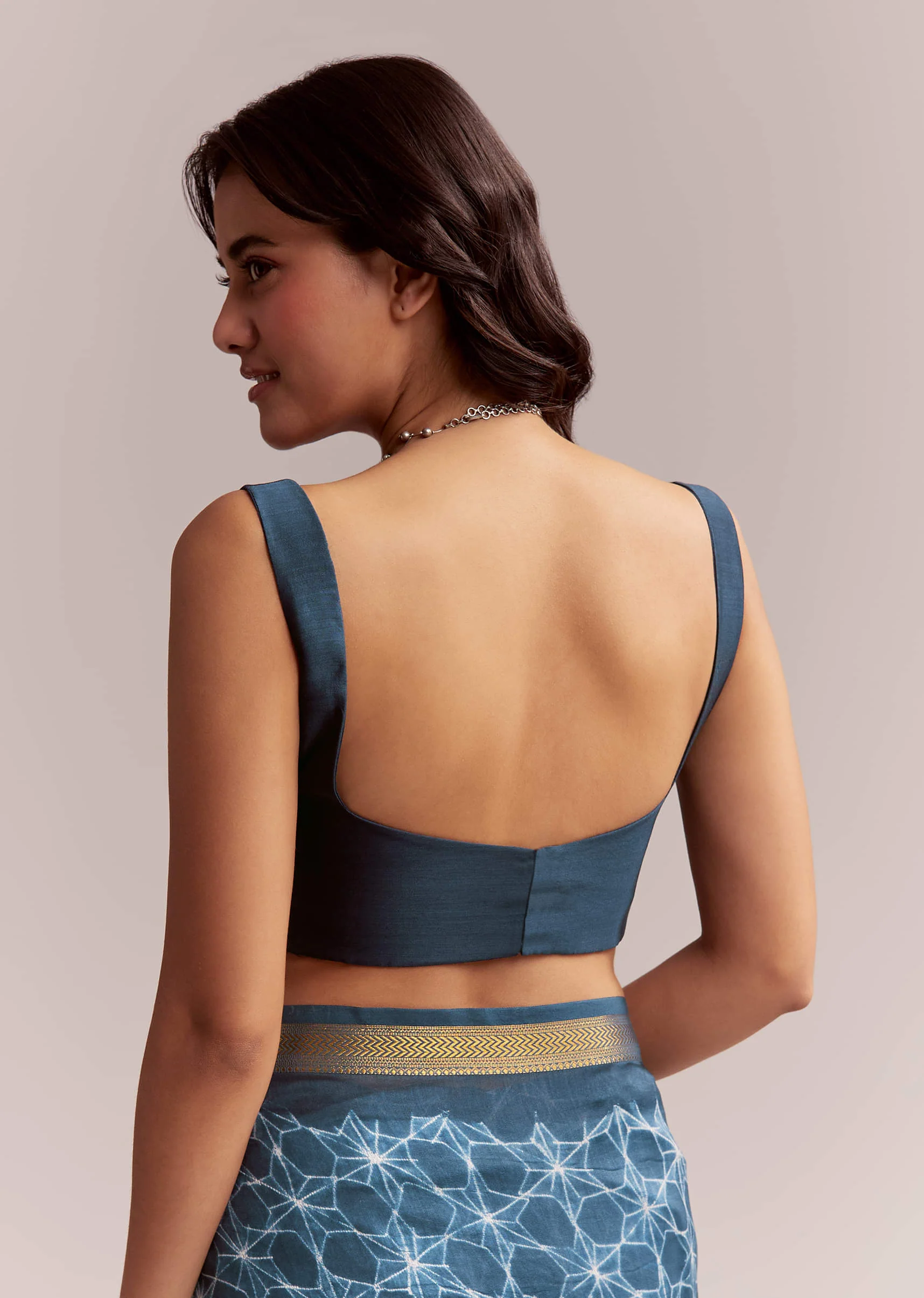 Blue Linen Printed Saree With Hand Dyed Shibori Print - Image 8