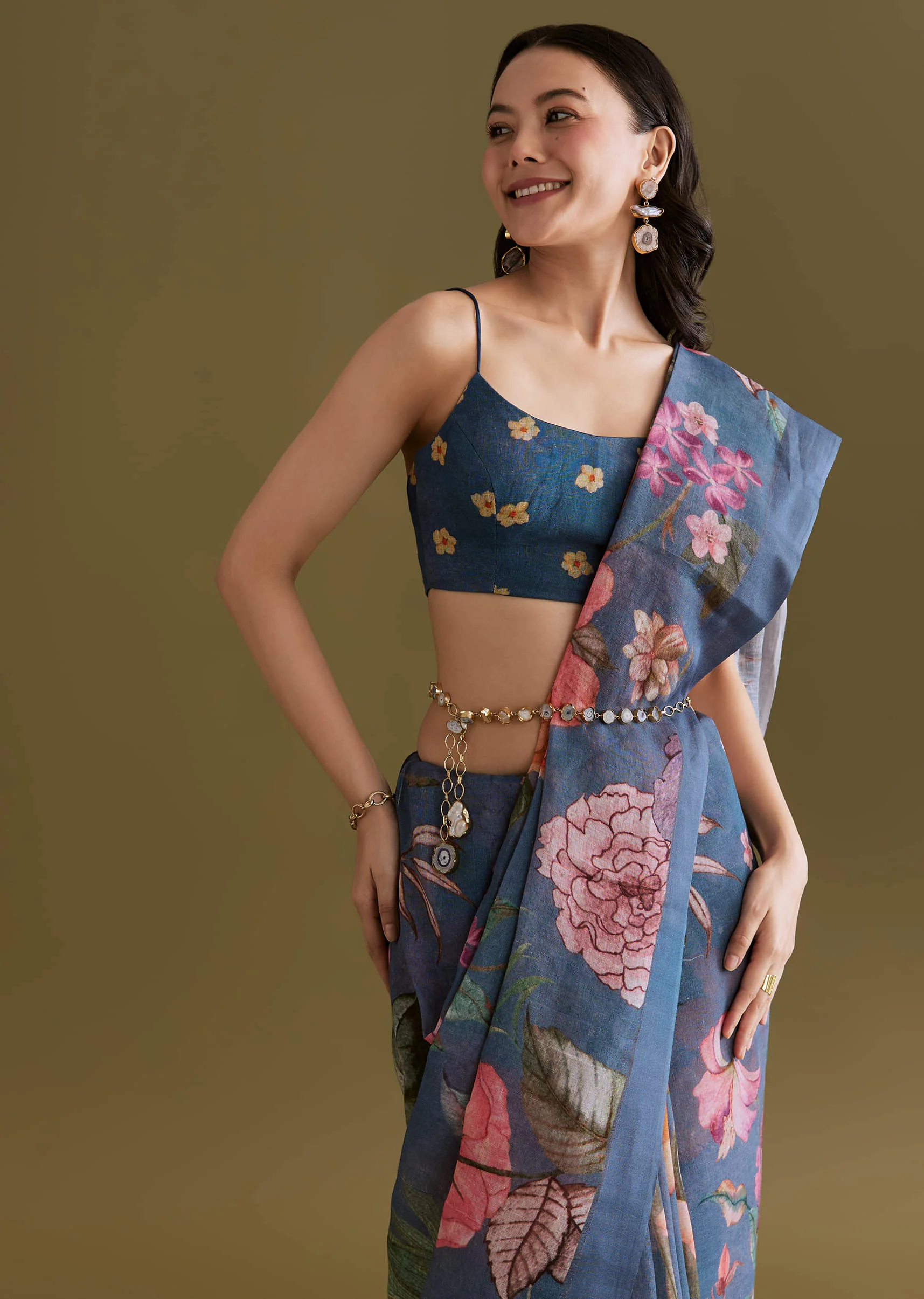 Blue Linen Saree With Botanical Floral Prints