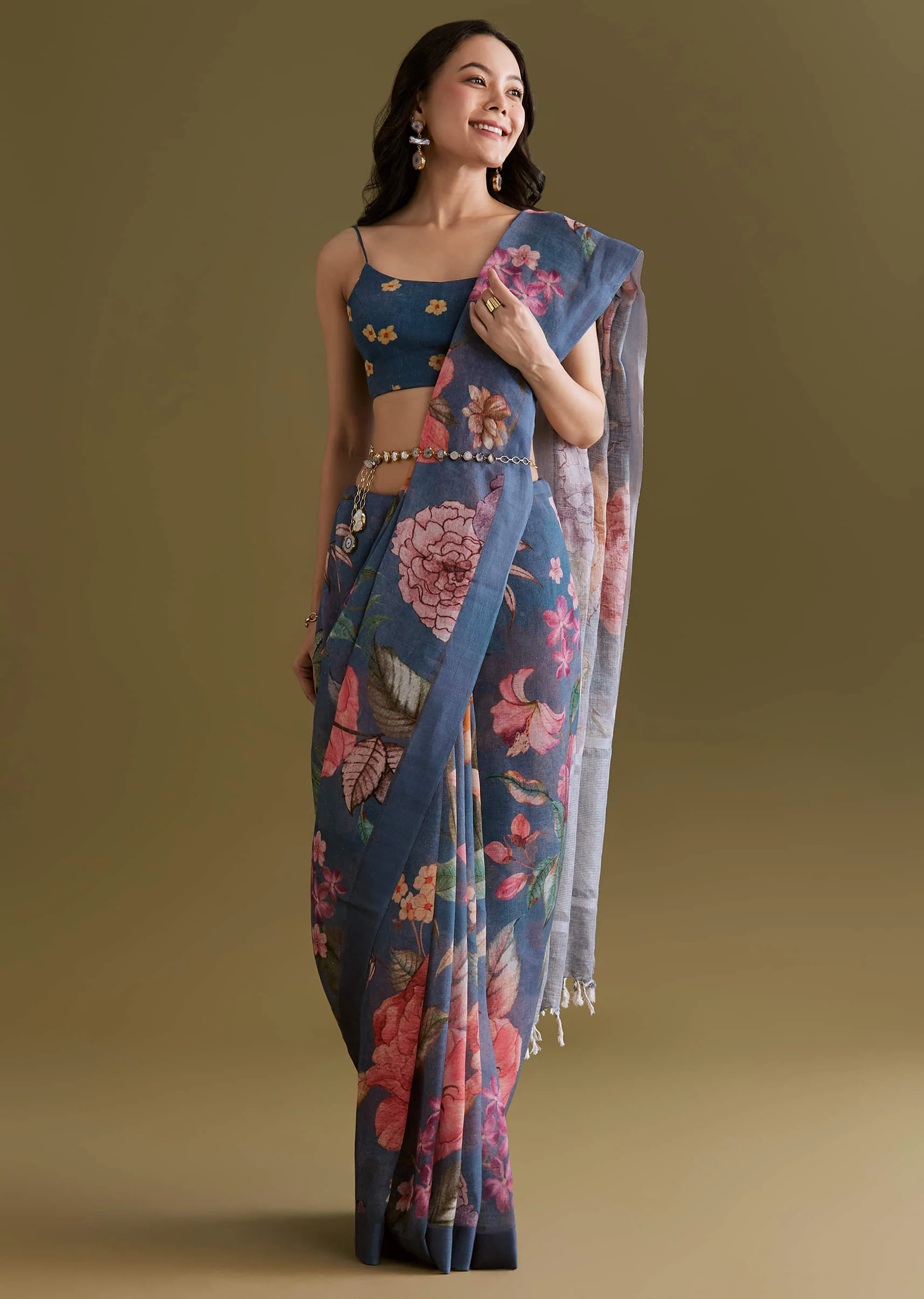 Blue Linen Saree With Botanical Floral Prints - Image 2
