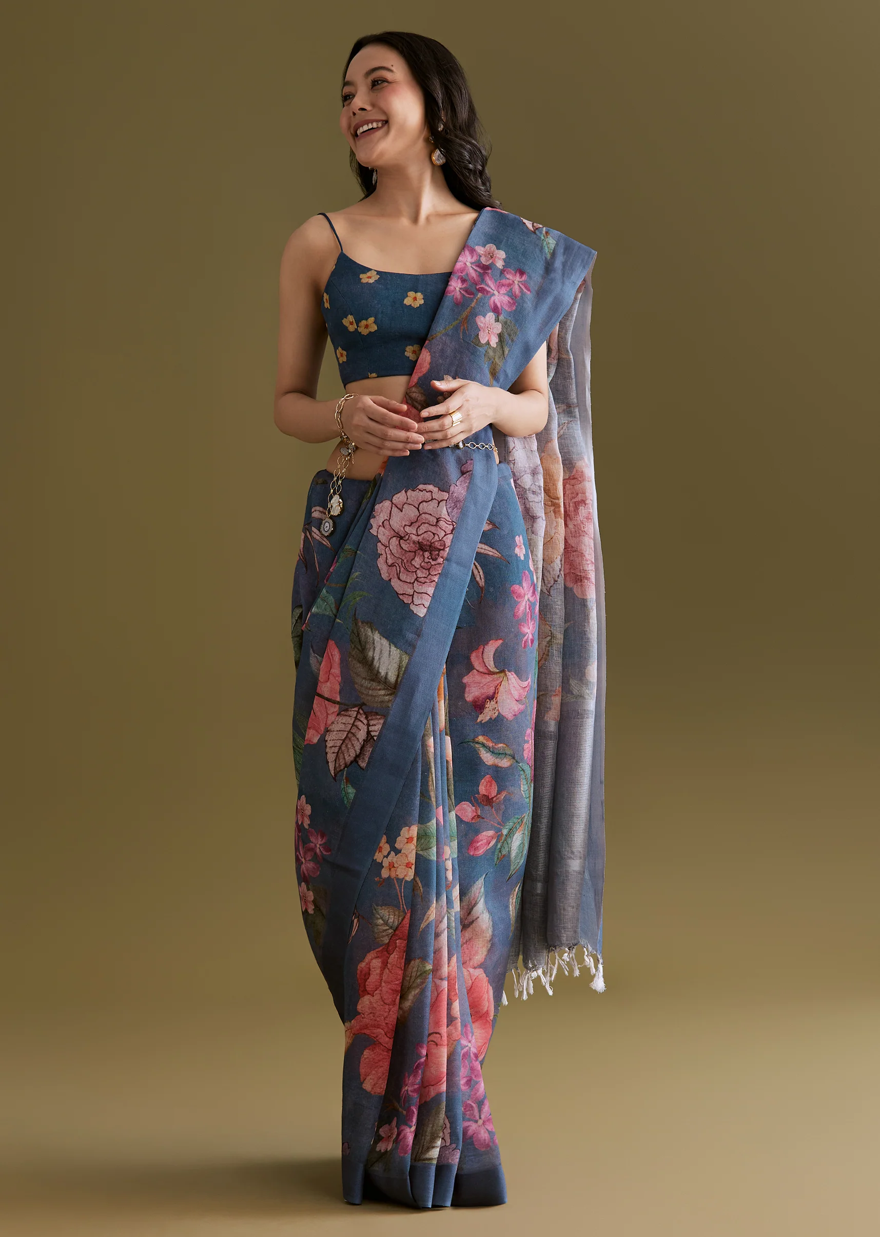 Blue Linen Saree With Botanical Floral Prints - Image 5
