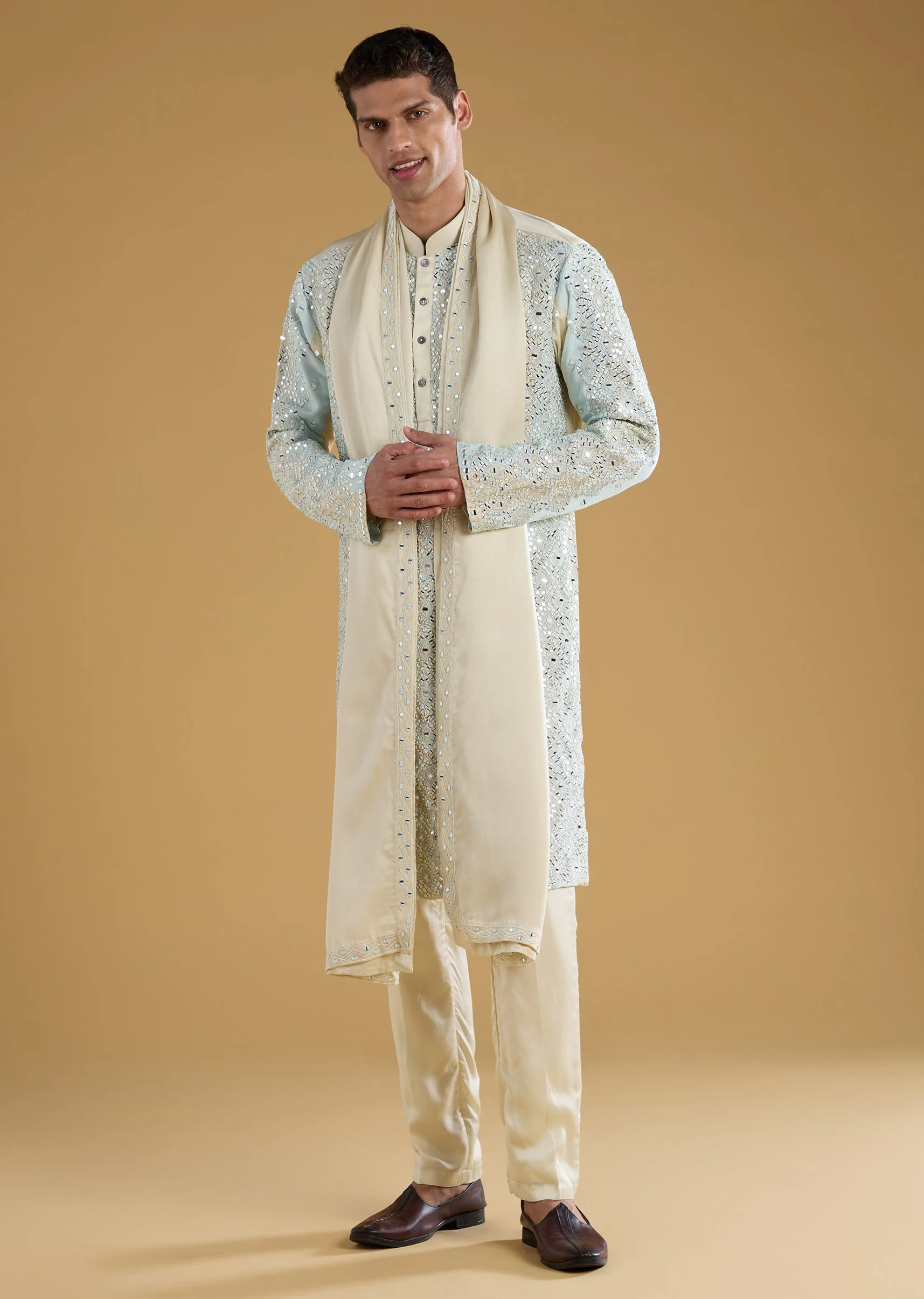 Blue Linen Silk Blend Mens Kurta Set