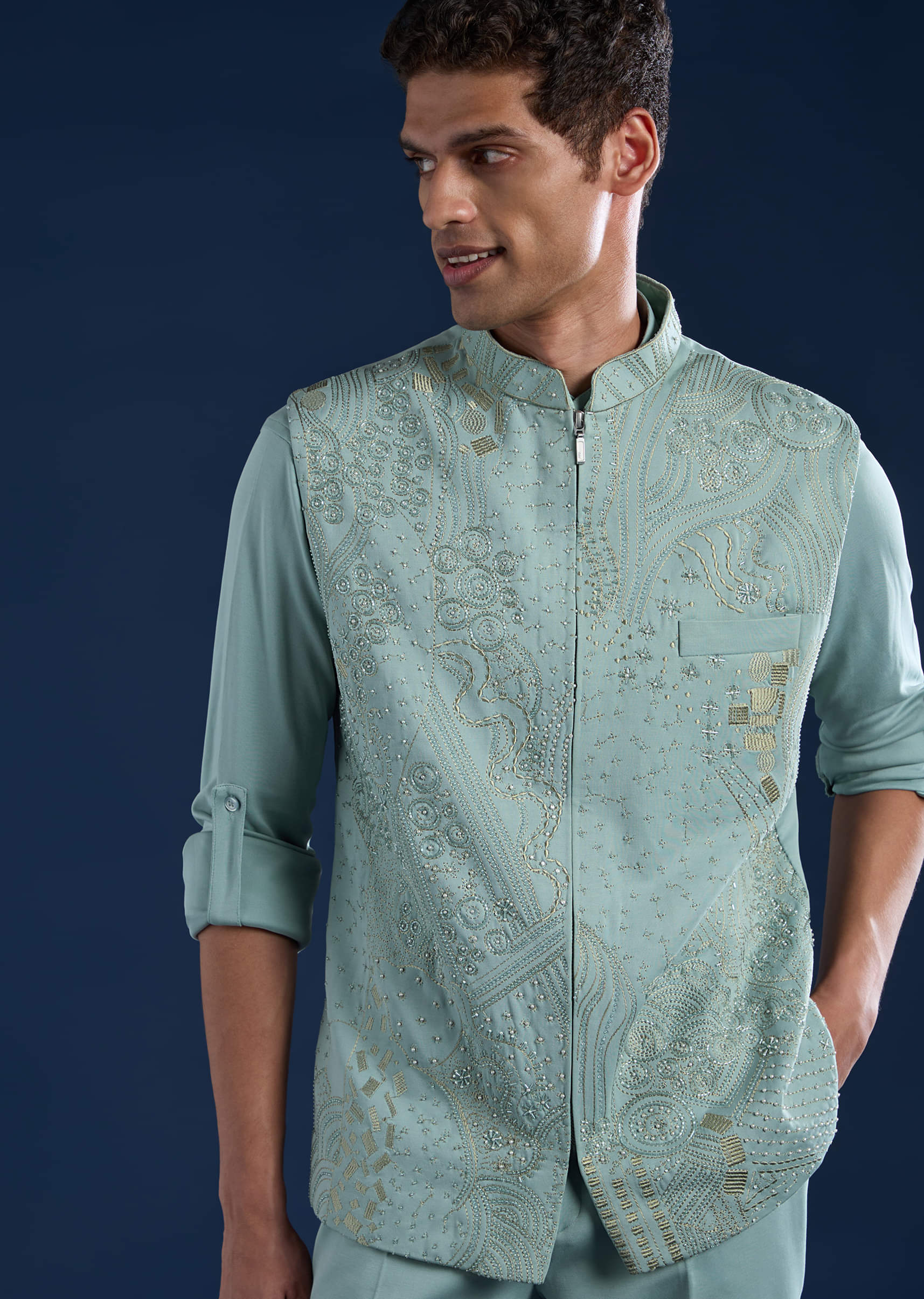 Blue Mens Cutdana Work Jacket Kurta and Pant Set - Image 2