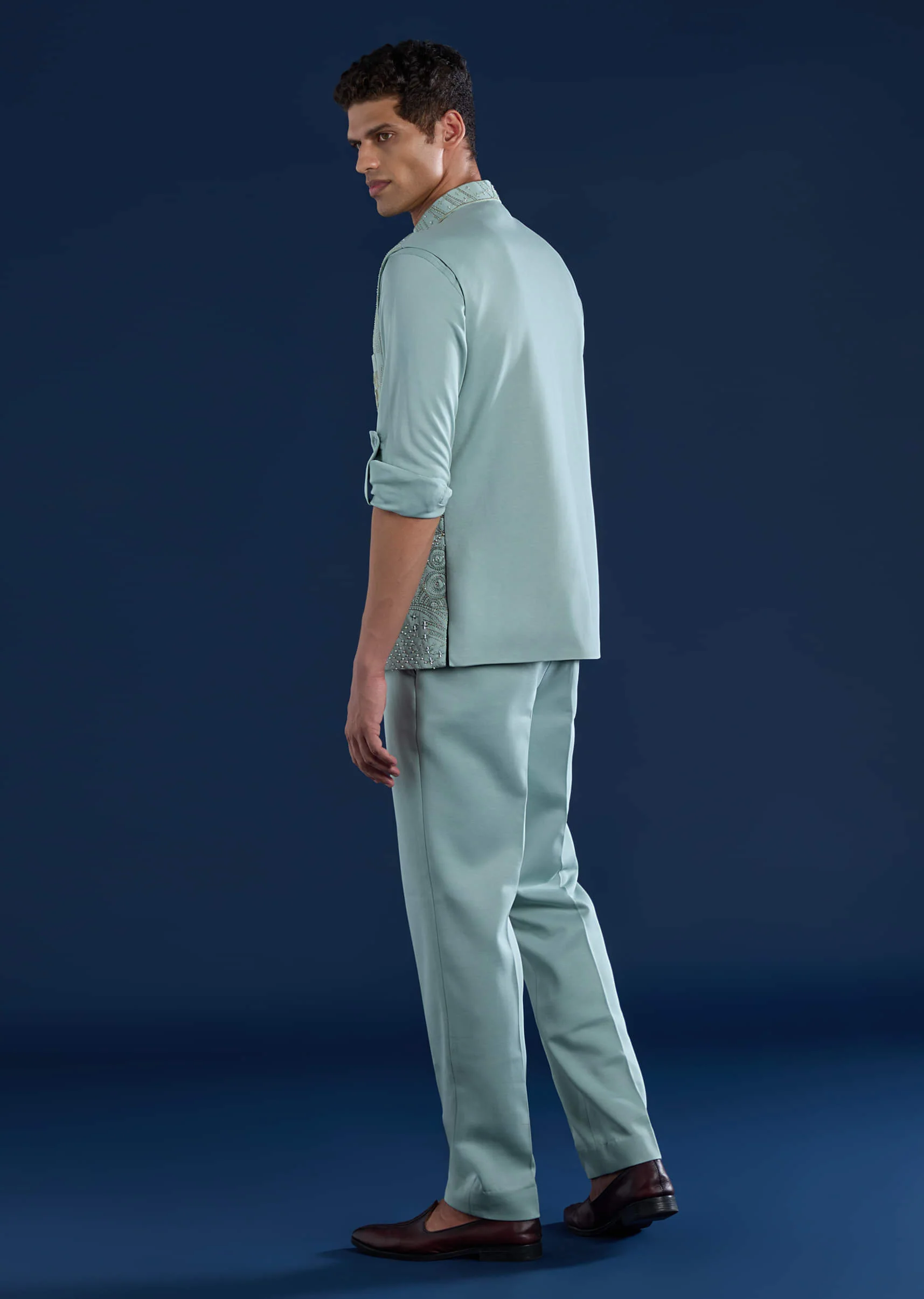 Blue Mens Cutdana Work Jacket Kurta and Pant Set - Image 5