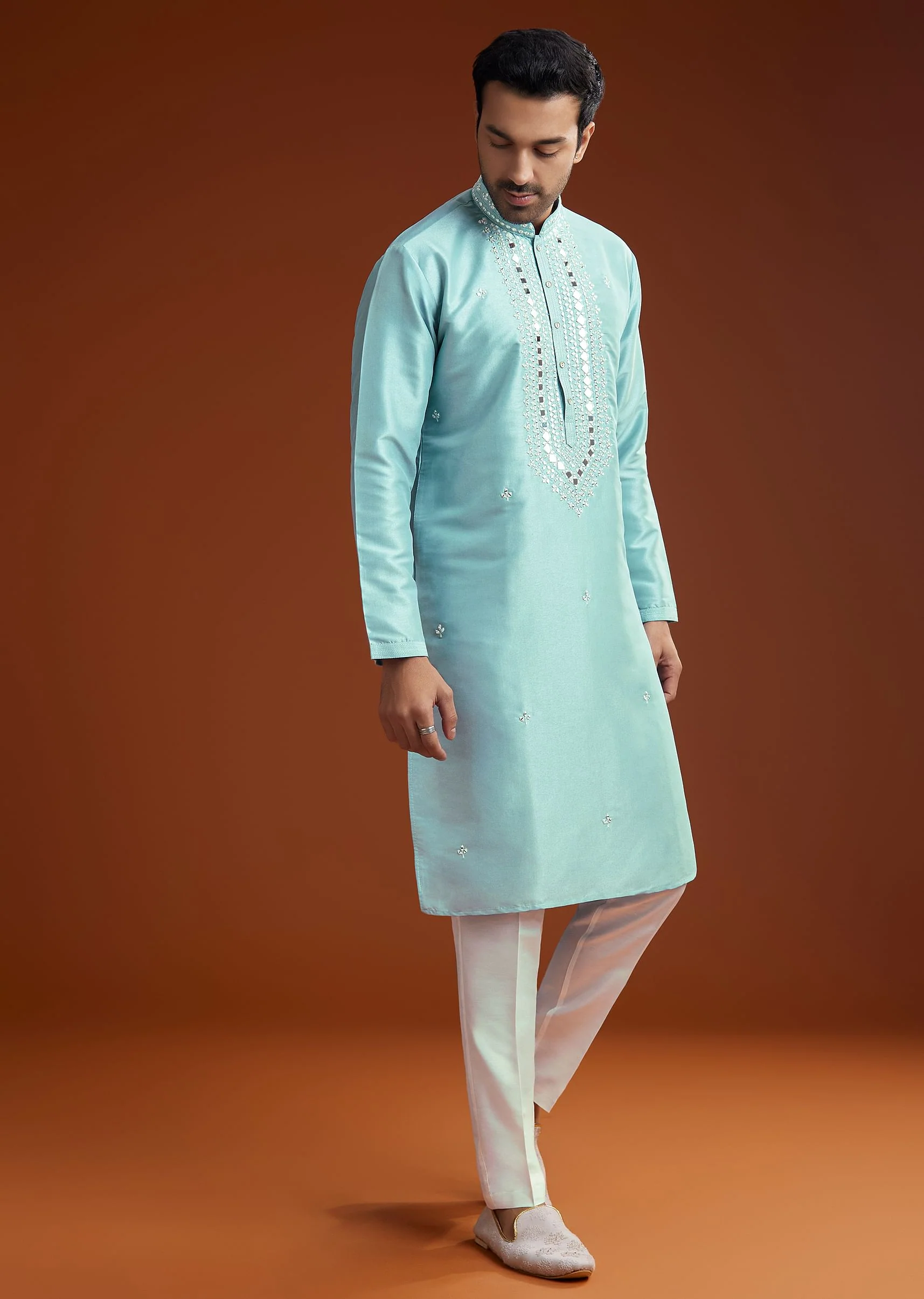 Blue Mirror Embellished Kurta Pant Set In Silk - Image 2