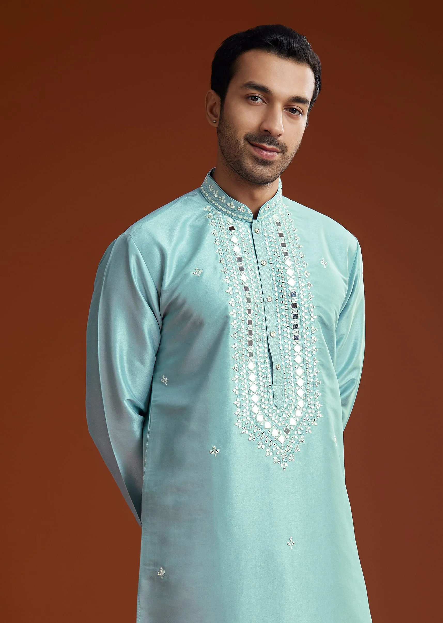 Blue Mirror Embellished Kurta Pant Set In Silk - Image 3