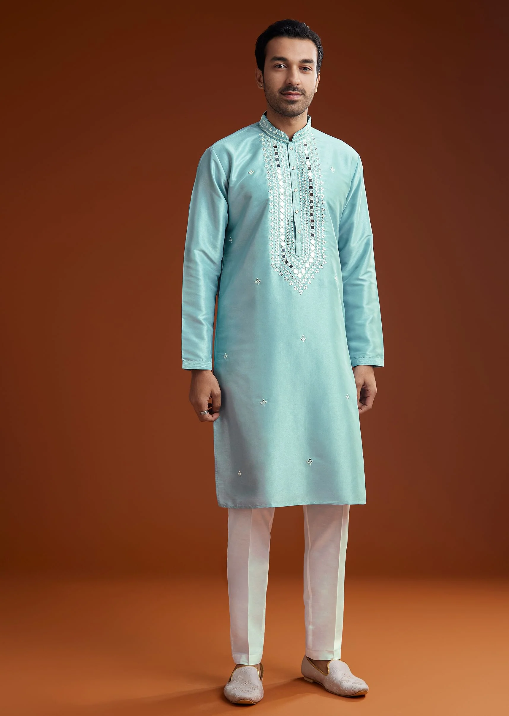 Blue Mirror Embellished Kurta Pant Set In Silk - Image 4