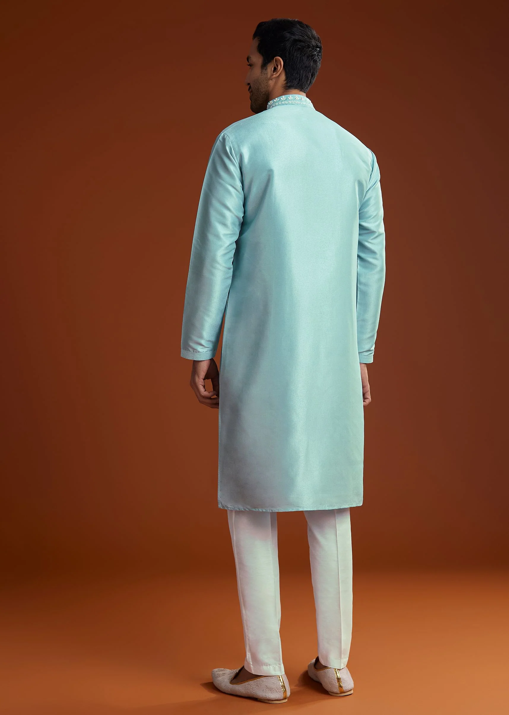 Blue Mirror Embellished Kurta Pant Set In Silk - Image 5