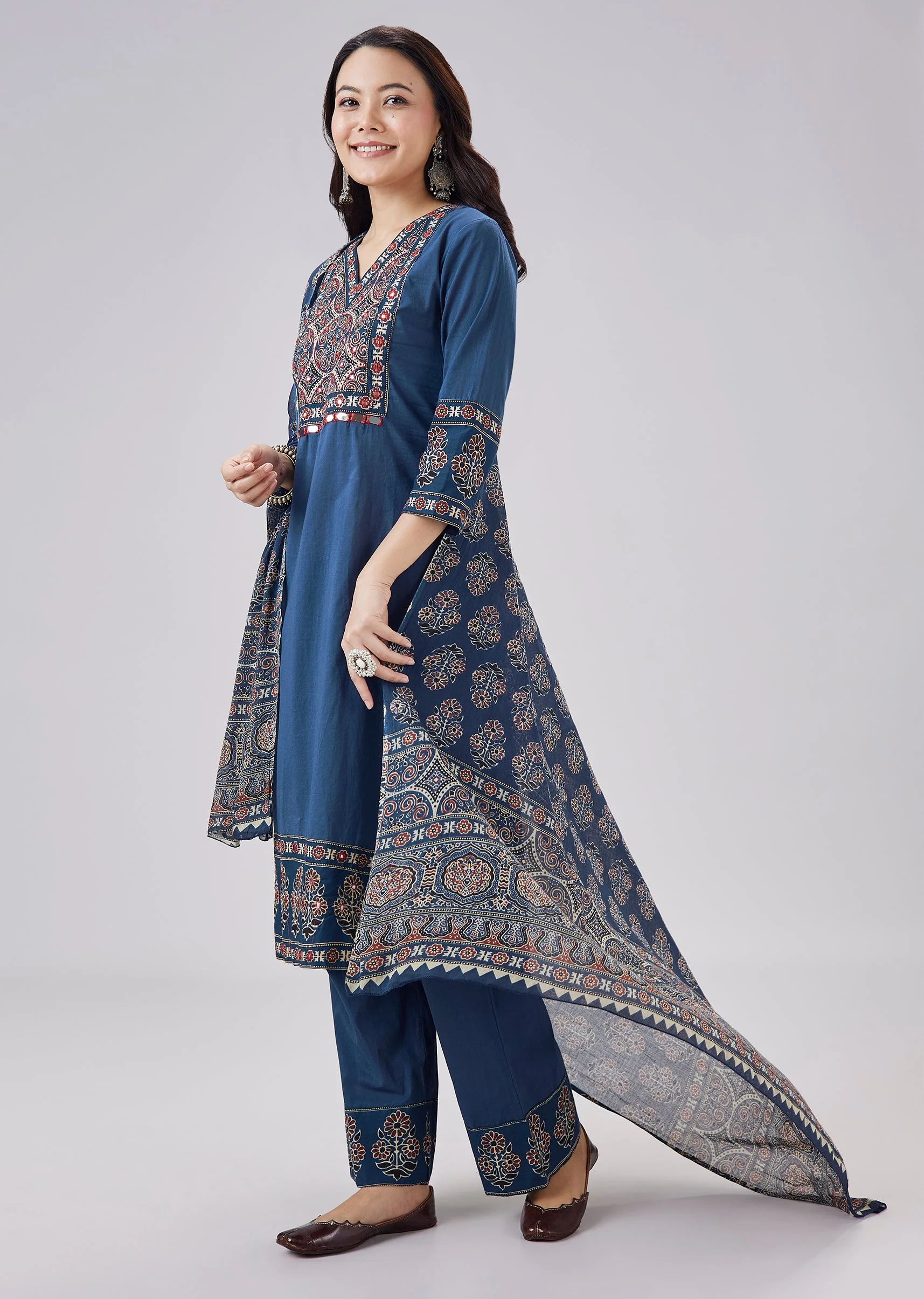 Blue Mirror Work Cotton Kurta Set With Dupatta