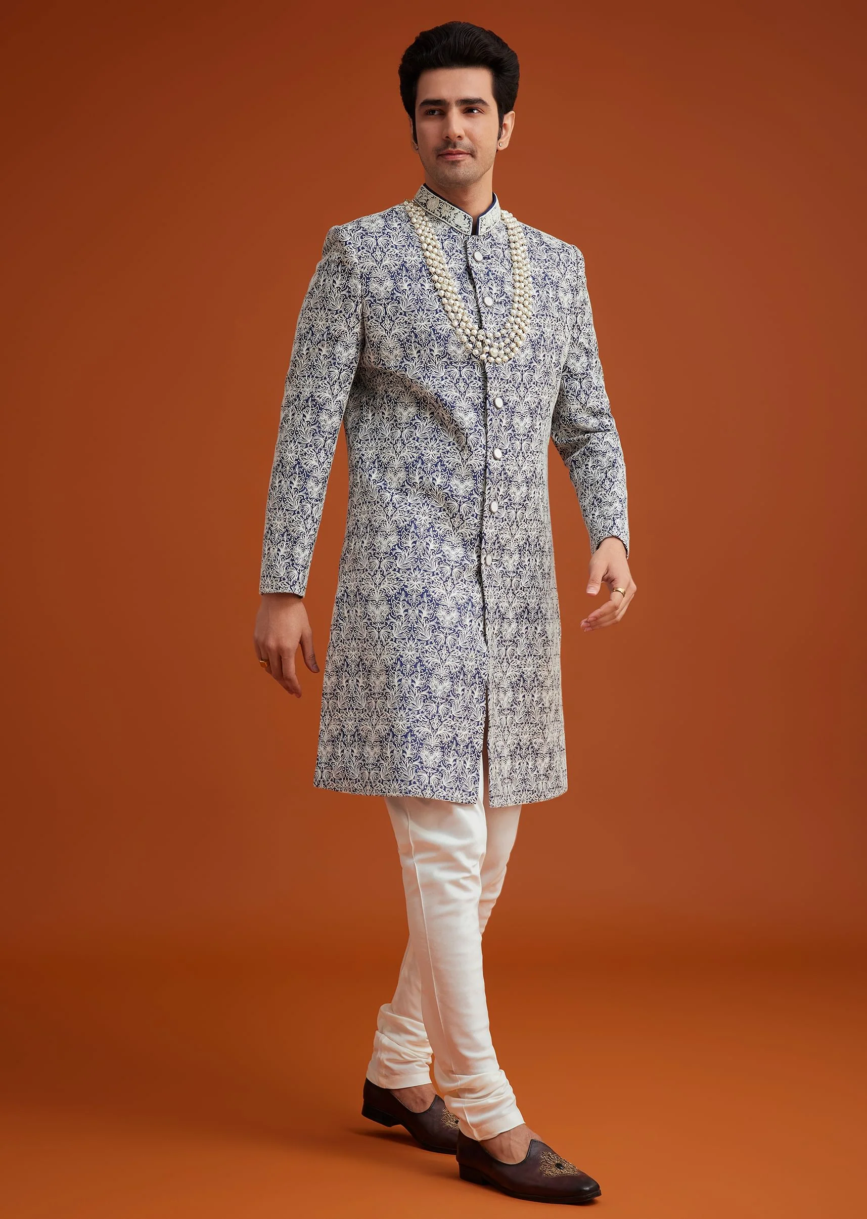 Blue Monga Silk Sherwani Set With Embroidery And Bead Work - Image 2