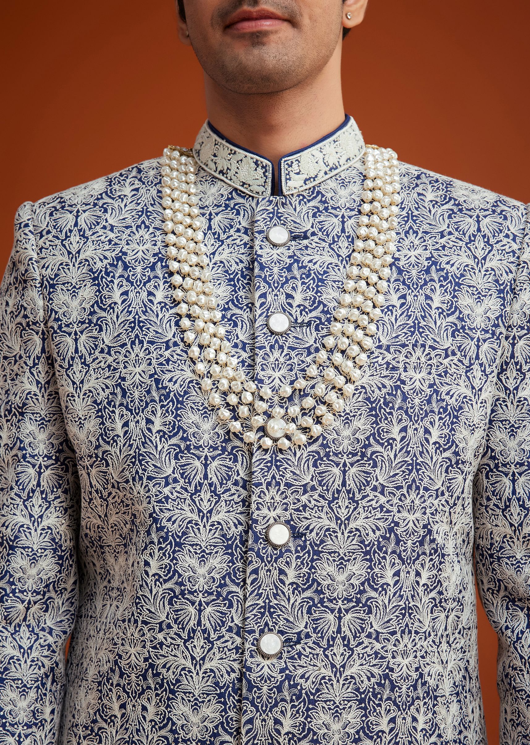 Blue Monga Silk Sherwani Set With Embroidery And Bead Work - Image 3