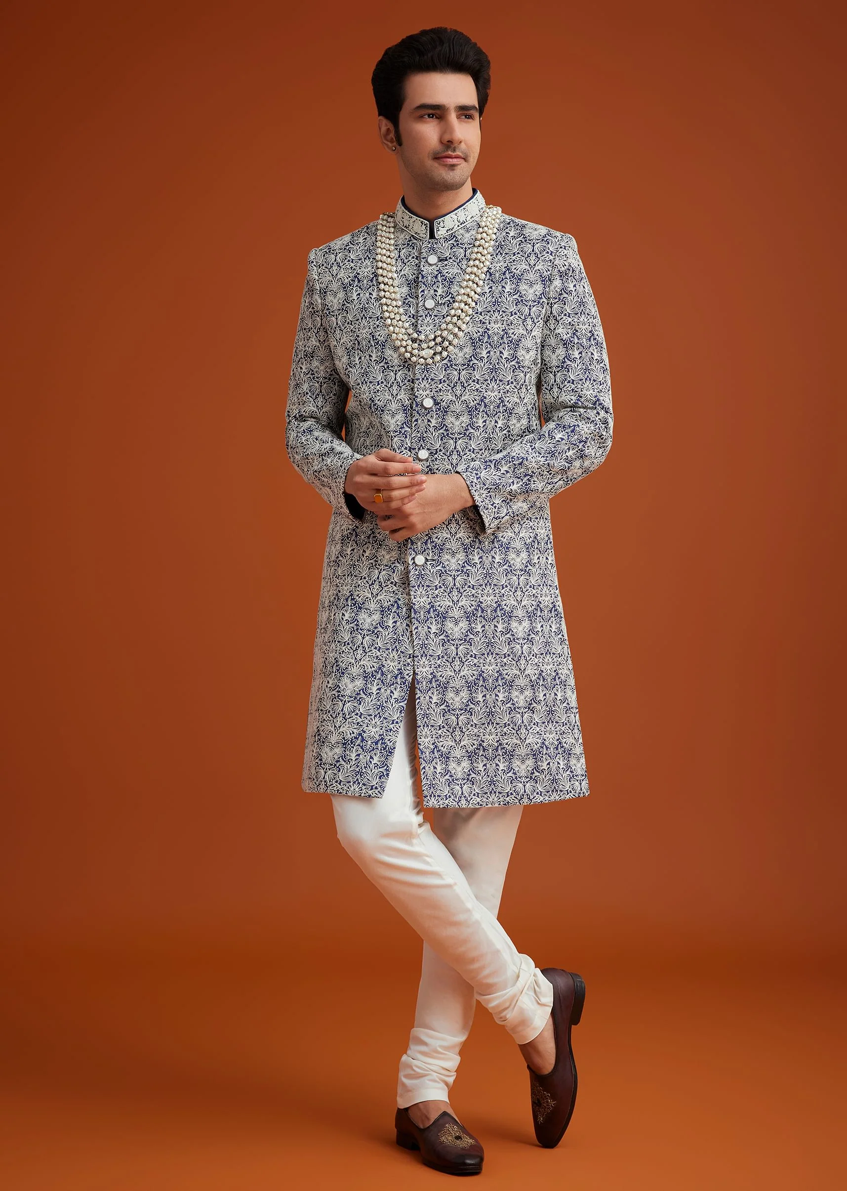 Blue Monga Silk Sherwani Set With Embroidery And Bead Work - Image 4