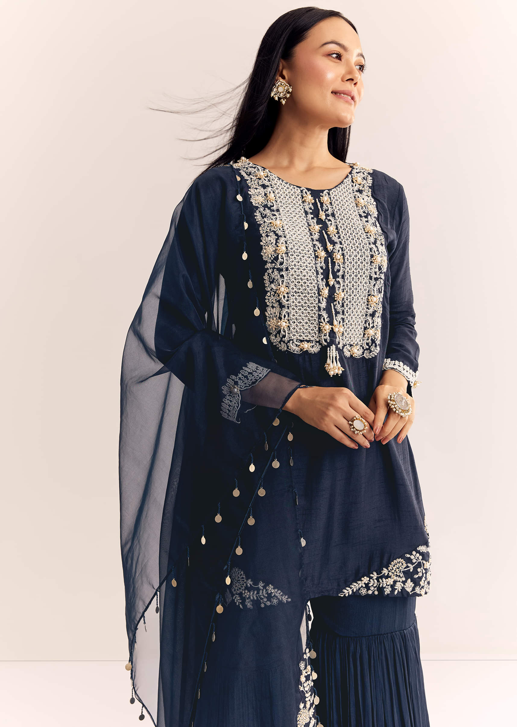 Blue Moti Threadwork Dola Silk Sharara Suit With Organza Dupatta - Image 4