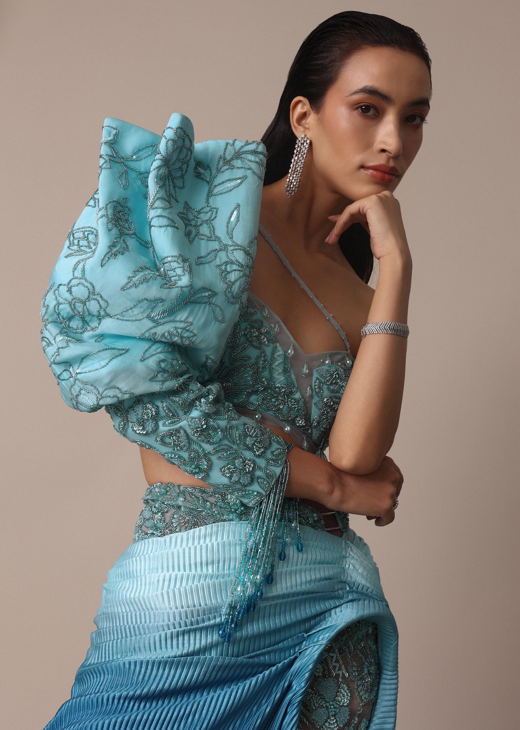 Blue Ombre Asymmetric Slit Trail Skirt And Balloon Sleeve Blouse - Image 3