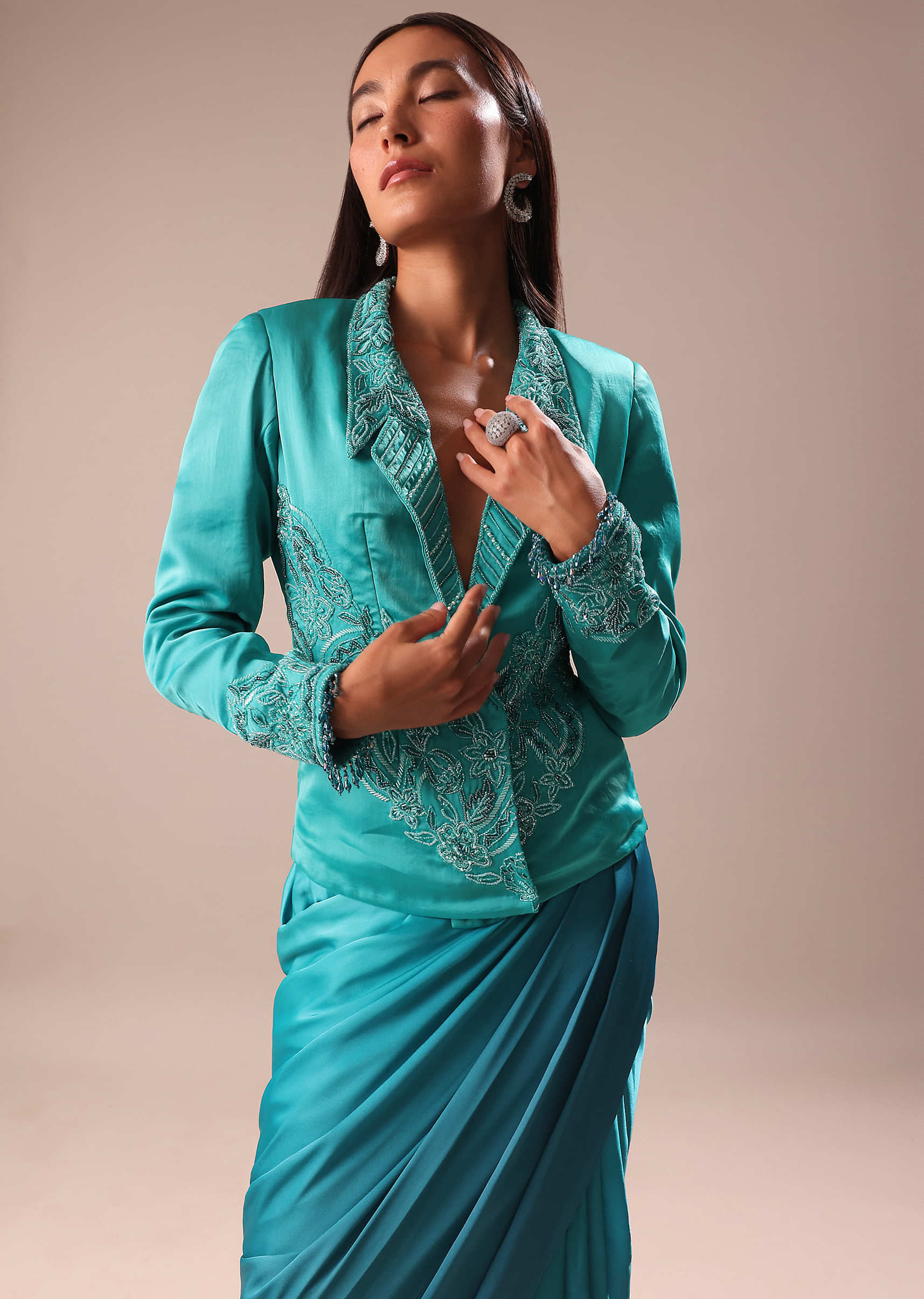 Blue Ombre Draped Skirt WIth Embroidered Jacket - Image 2