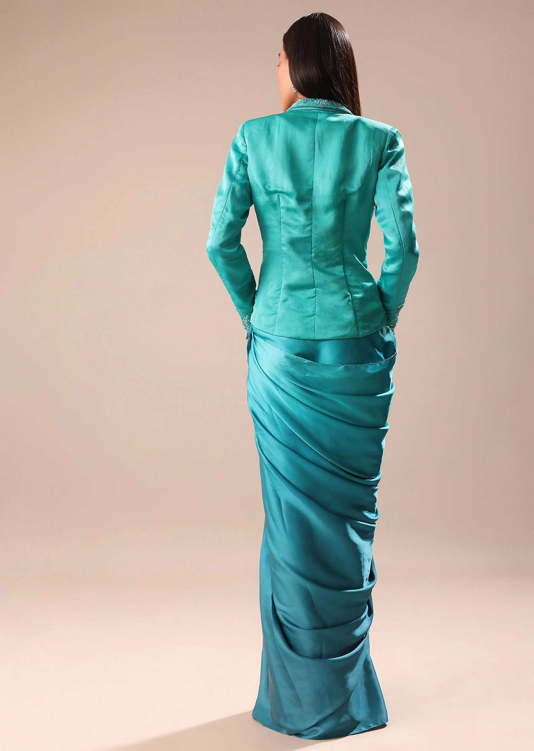 Blue Ombre Draped Skirt WIth Embroidered Jacket - Image 5