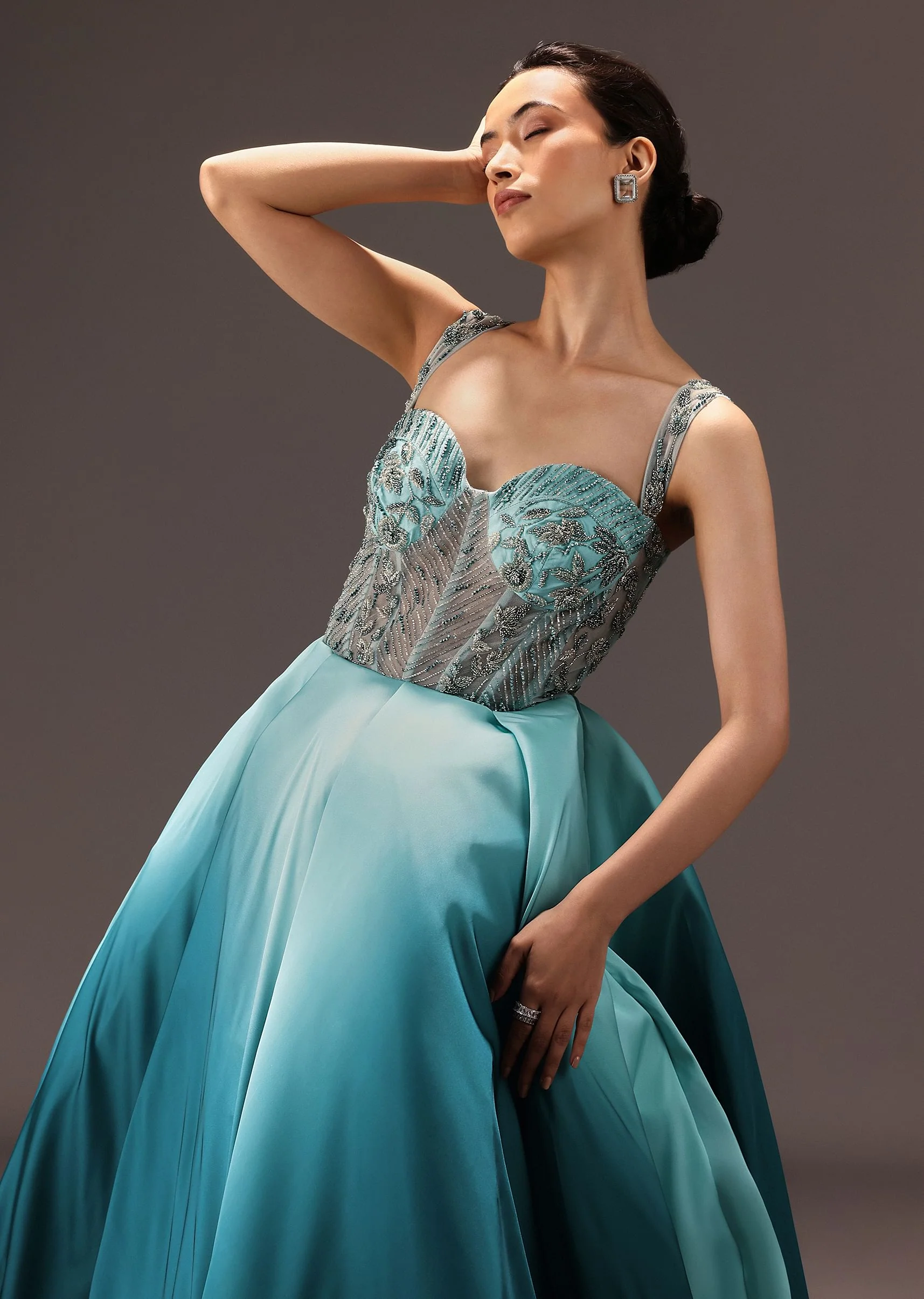 Blue Ombré Flared Gown With Tone On Tone Embroidery - Image 4