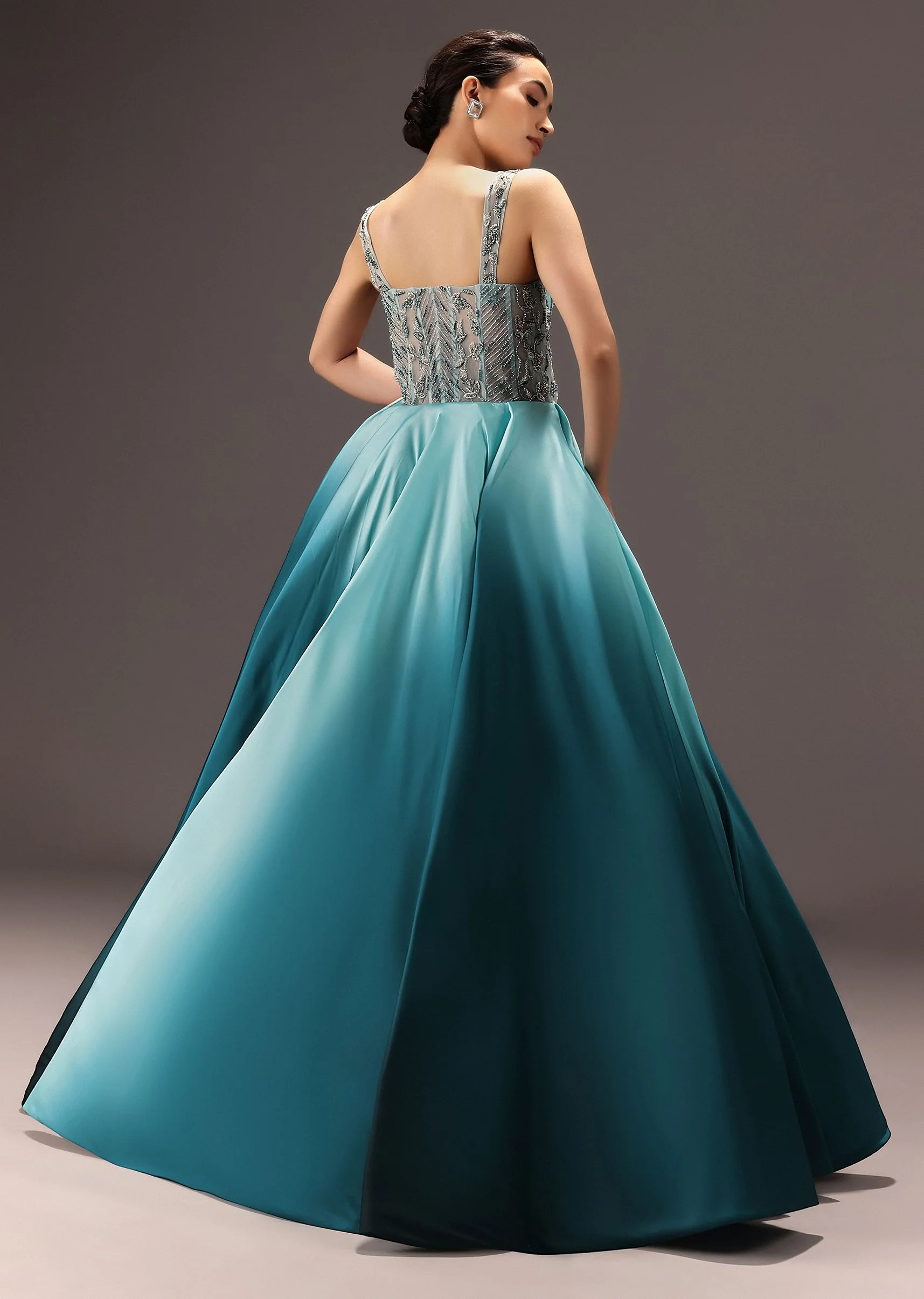 Blue Ombré Flared Gown With Tone On Tone Embroidery - Image 5