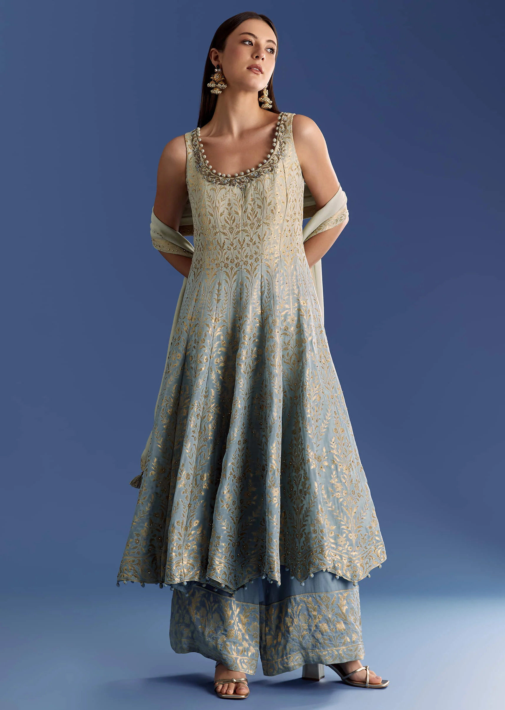 Blue Ombre Georgette Anarkali With Cutdana Neck And Zari Dupatta - Image 2