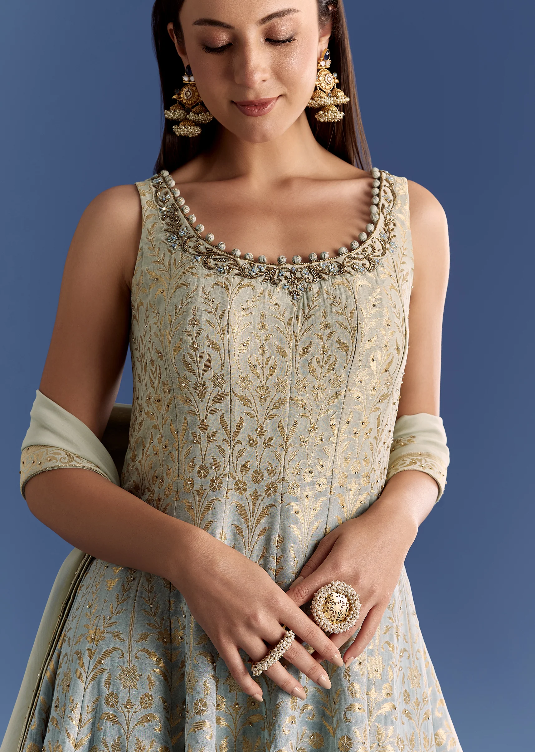 Blue Ombre Georgette Anarkali With Cutdana Neck And Zari Dupatta - Image 3