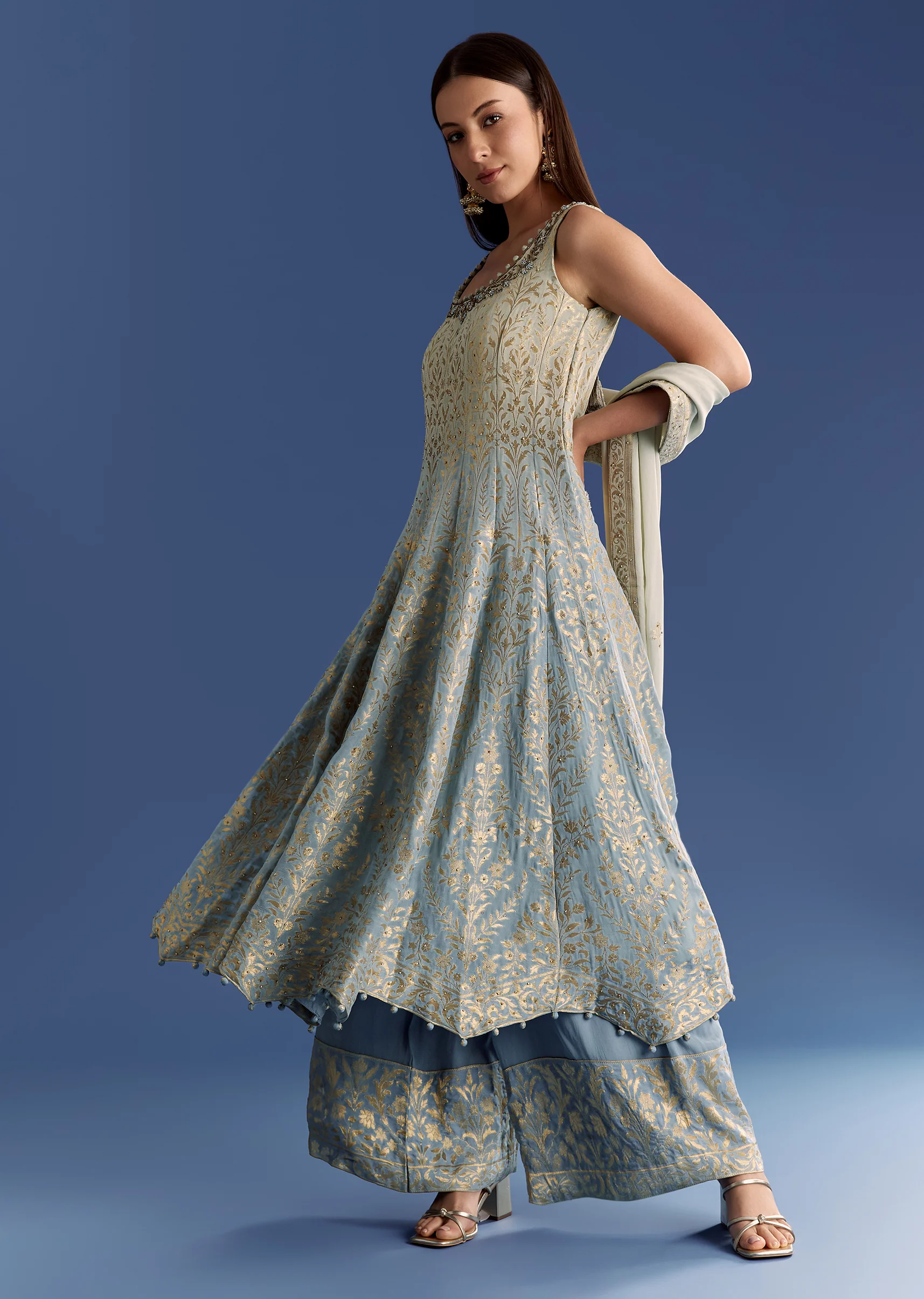 Blue Ombre Georgette Anarkali With Cutdana Neck And Zari Dupatta - Image 4