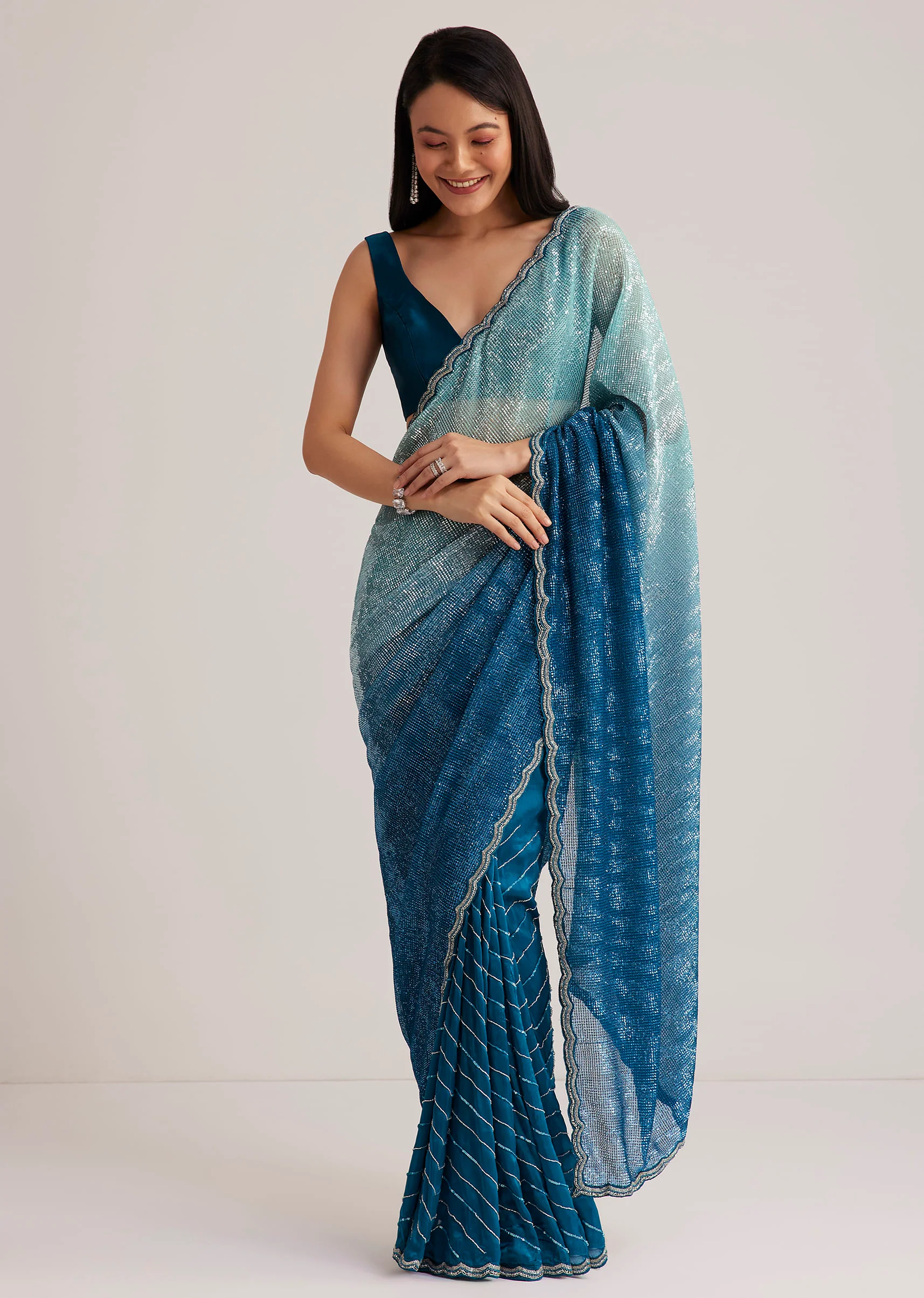 Blue Ombre Half And Half Sequins Saree - Image 3