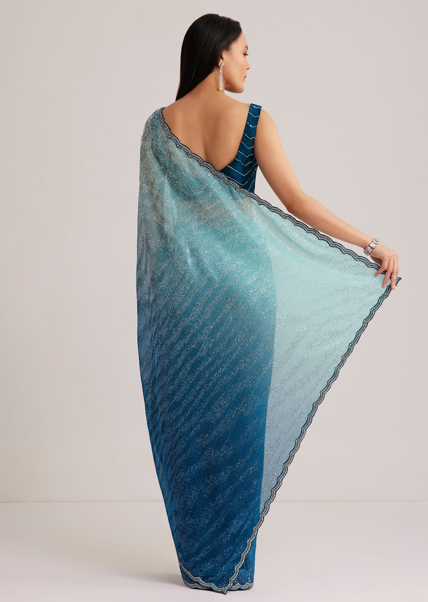 Blue Ombre Half And Half Sequins Saree - Image 4