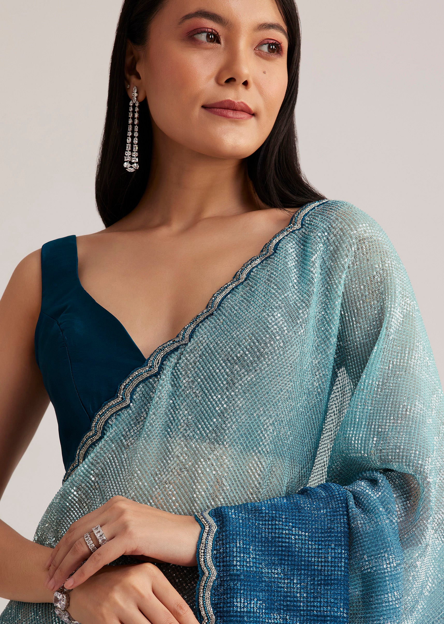 Blue Ombre Half And Half Sequins Saree - Image 5