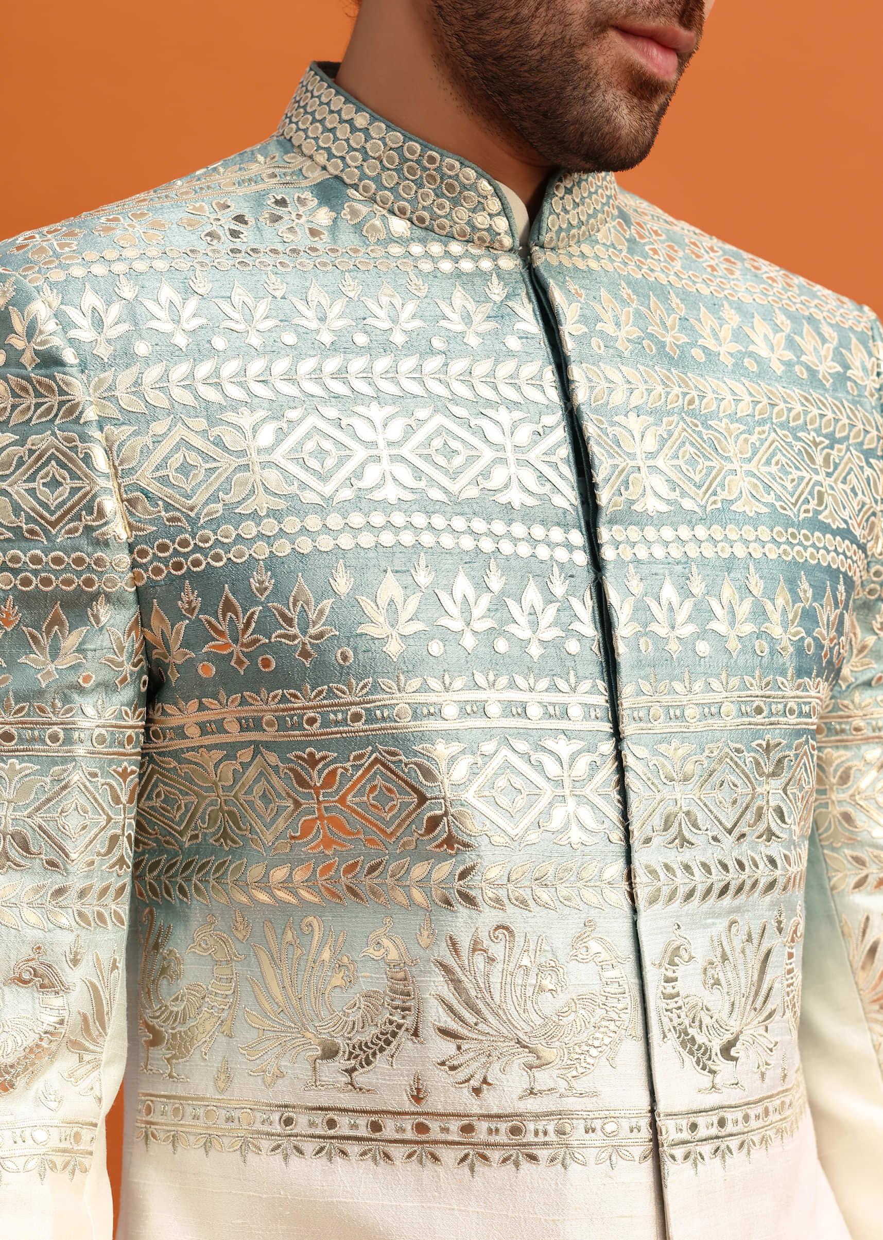 Blue Ombre Indowestern Set With Foil Work For Men - Image 2