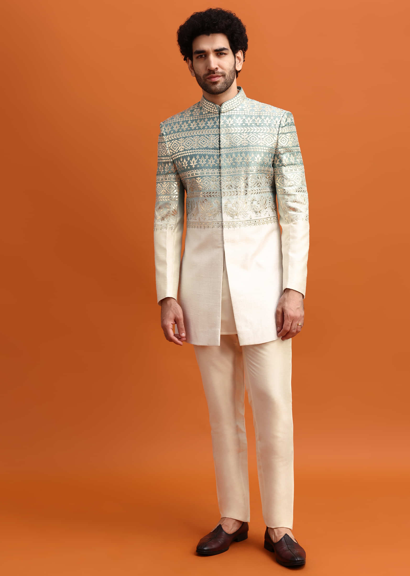 Blue Ombre Indowestern Set With Foil Work For Men - Image 3