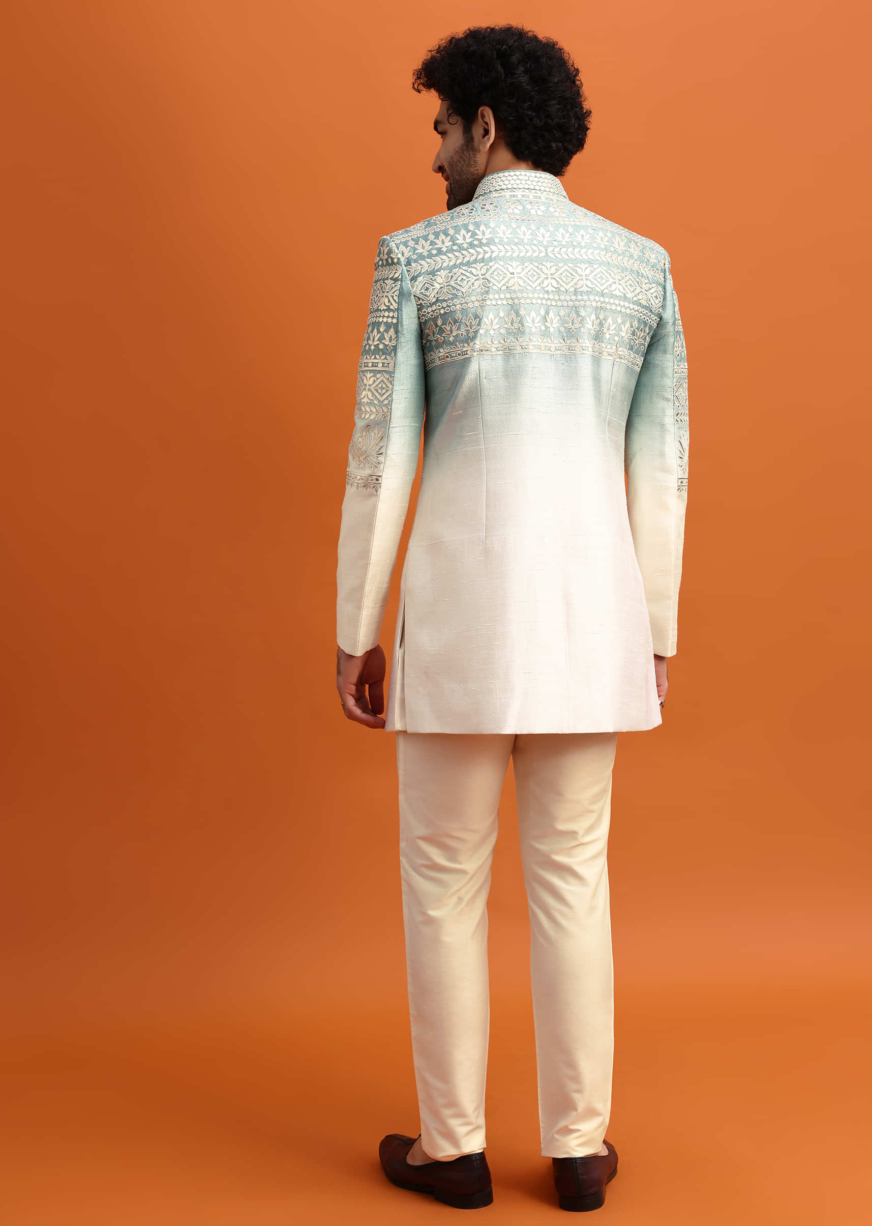 Blue Ombre Indowestern Set With Foil Work For Men - Image 5