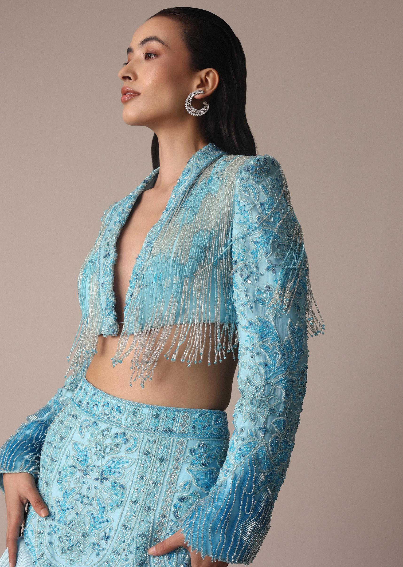 Blue Ombre Organza Fishcut Skirt With Tassel Short Jacket - Image 5