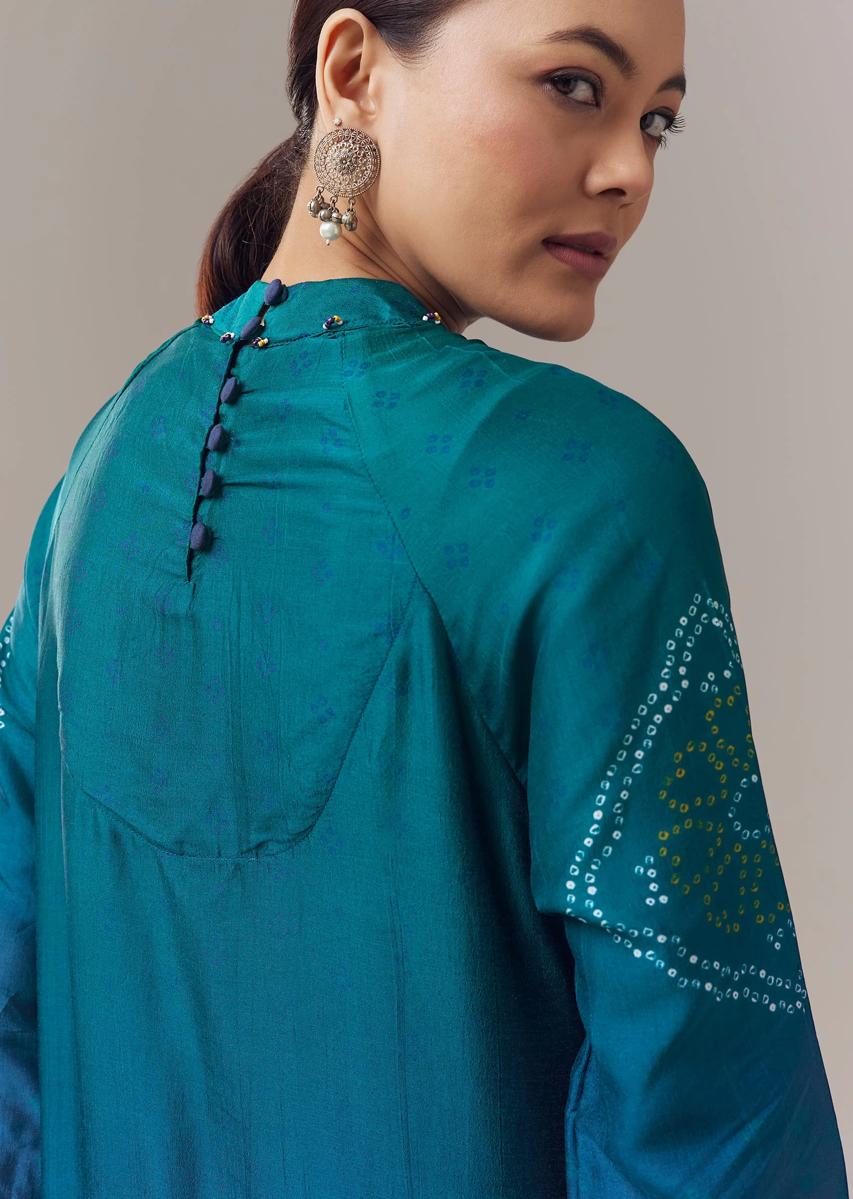 Blue Ombre Silk Coord Set With Bandhani Prints And Beads Work - Image 2
