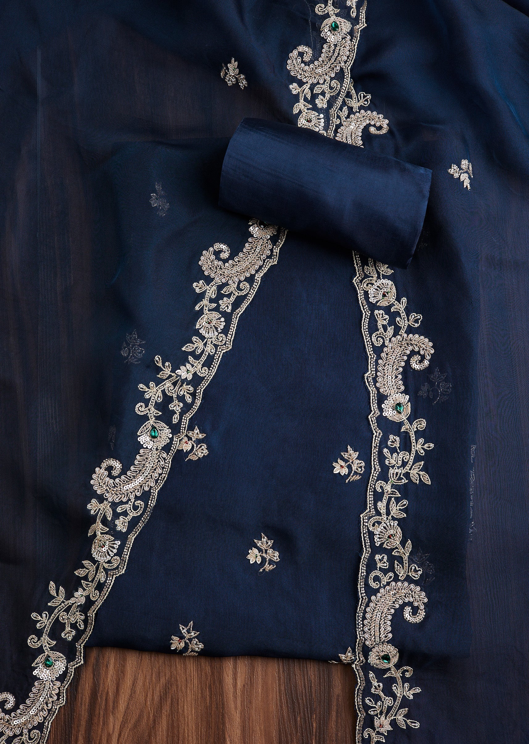Blue Organza Embroidered Suit