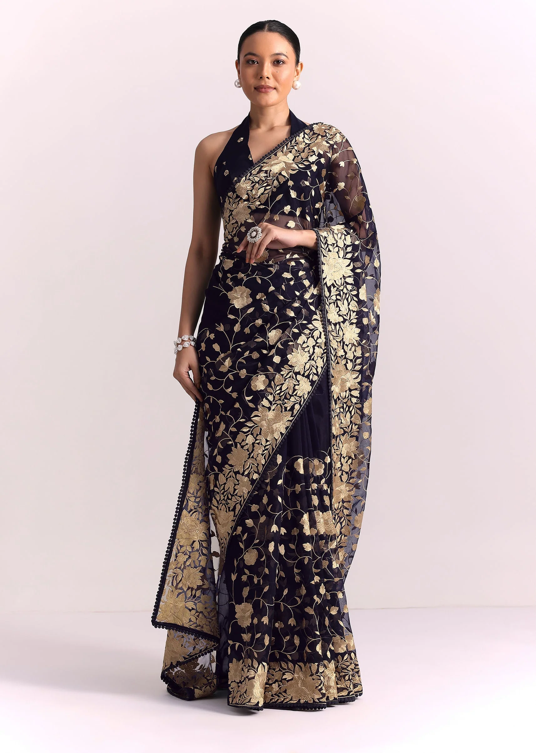 Blue Organza Parsi Gara Embroidered Saree - Image 3