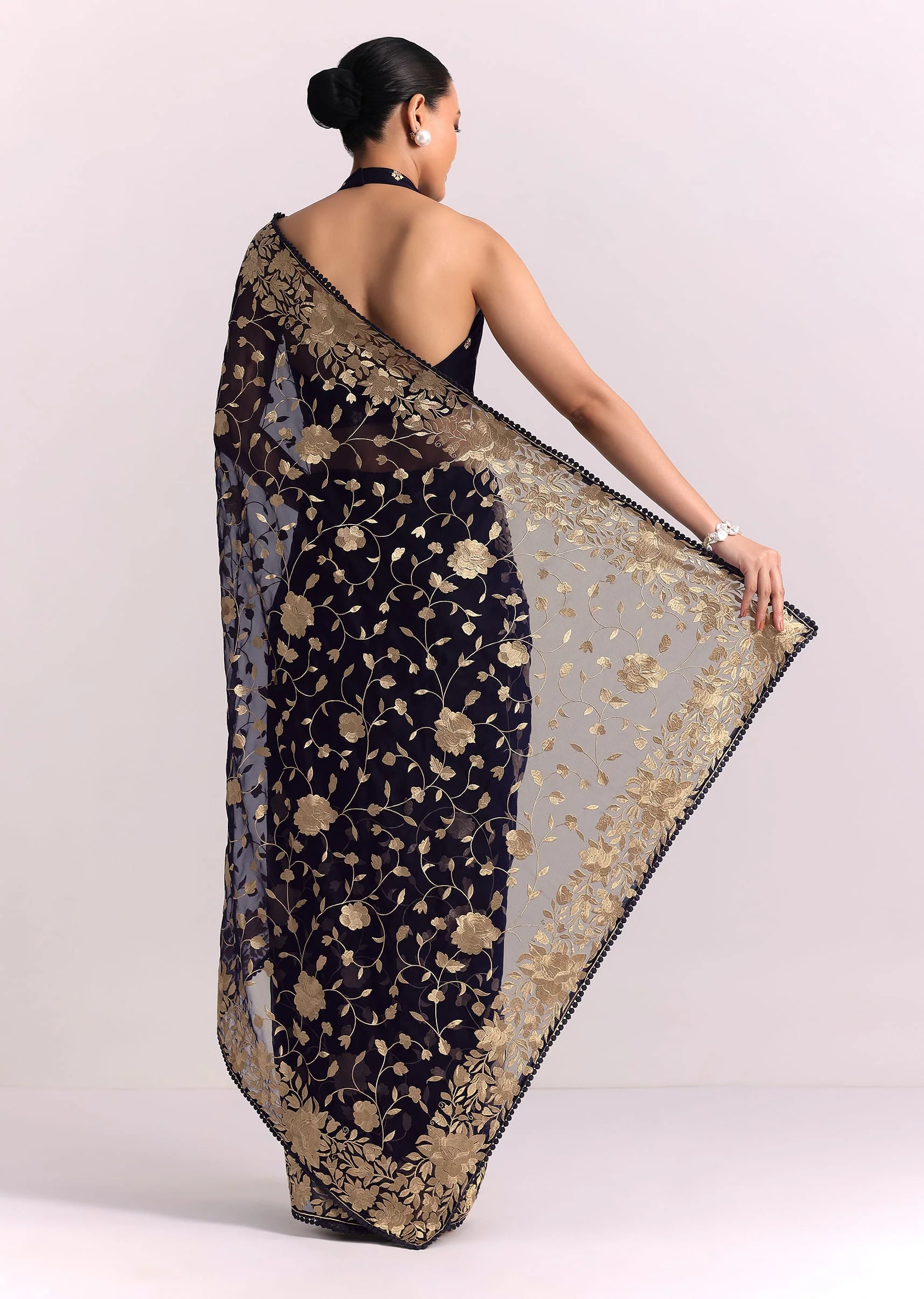 Blue Organza Parsi Gara Embroidered Saree - Image 4