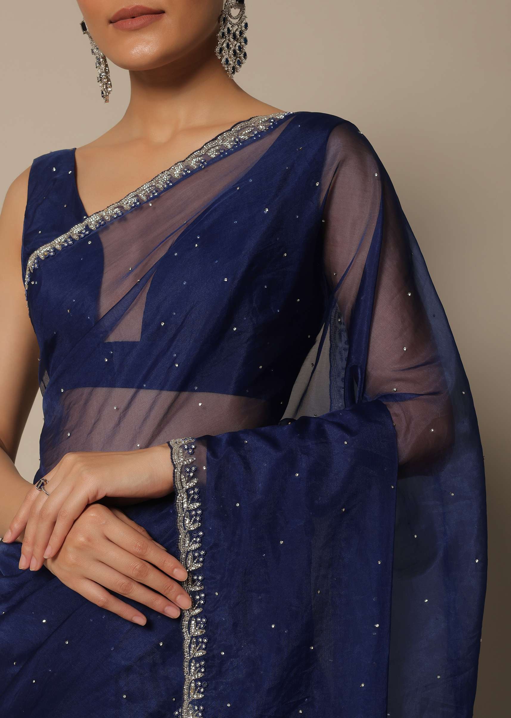 Blue Organza Saree With Stone Work And Unstitched Blouse Piece - Image 2
