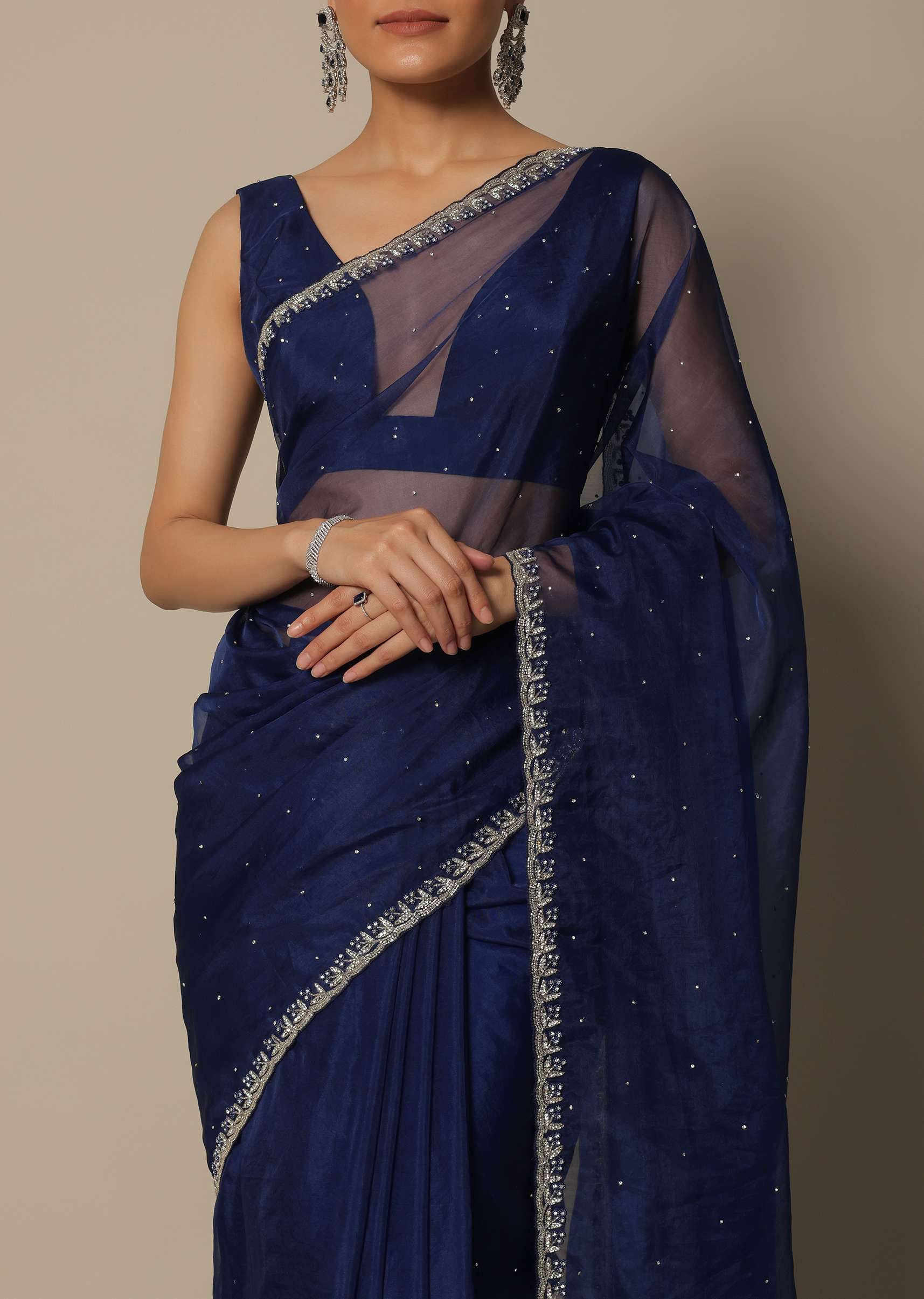 Blue Organza Saree With Stone Work And Unstitched Blouse Piece - Image 4