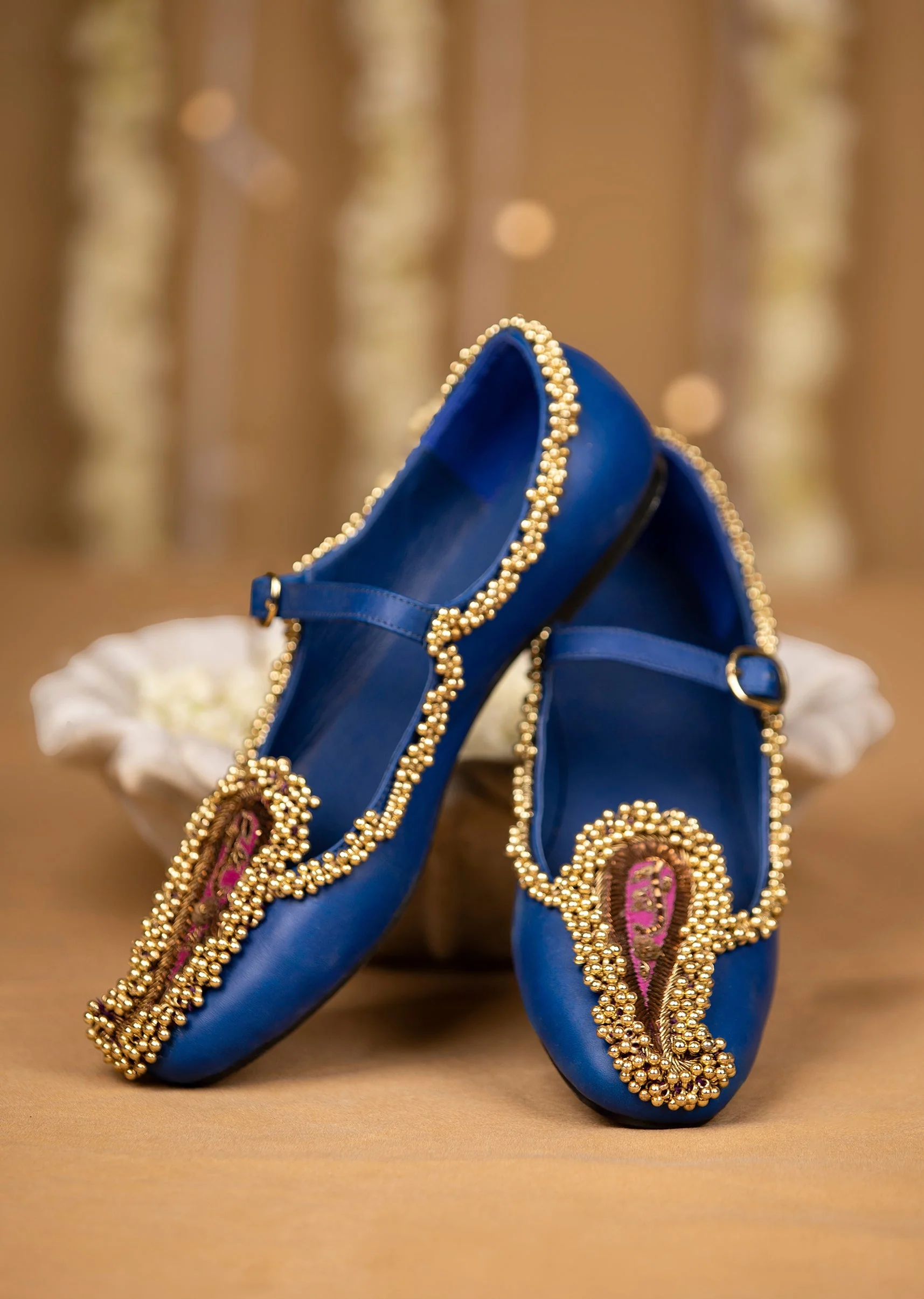 Blue Paisley Motif Faux Leather Embellished Juttis
