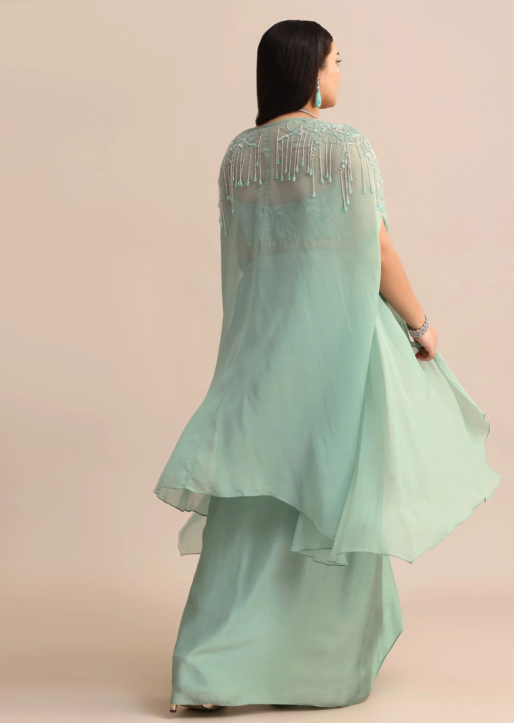 Blue Pleated Drape Skirt And Embellished Cape With Tassels - Image 5