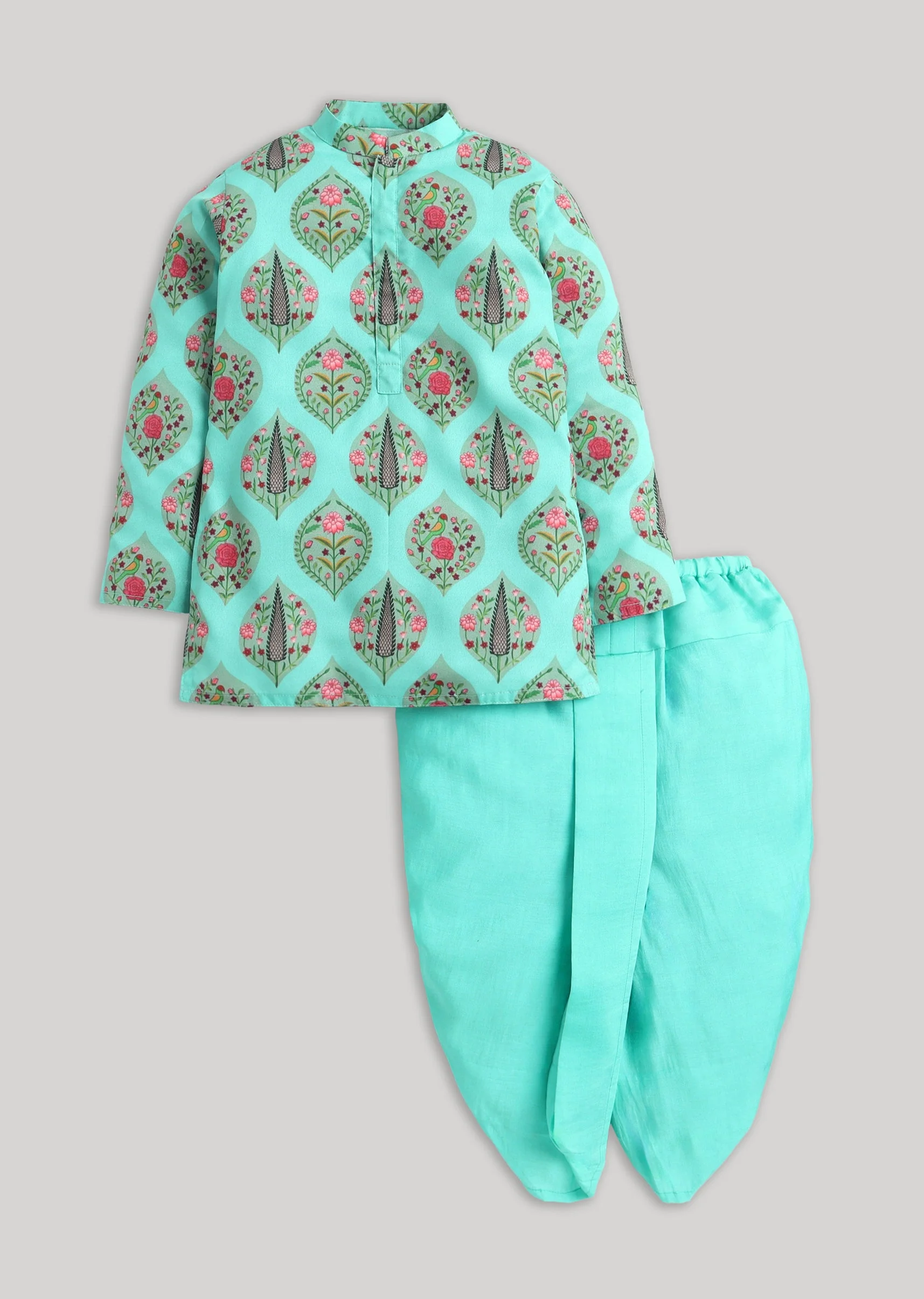Blue Polyester Kurta Set With Floral Detailing