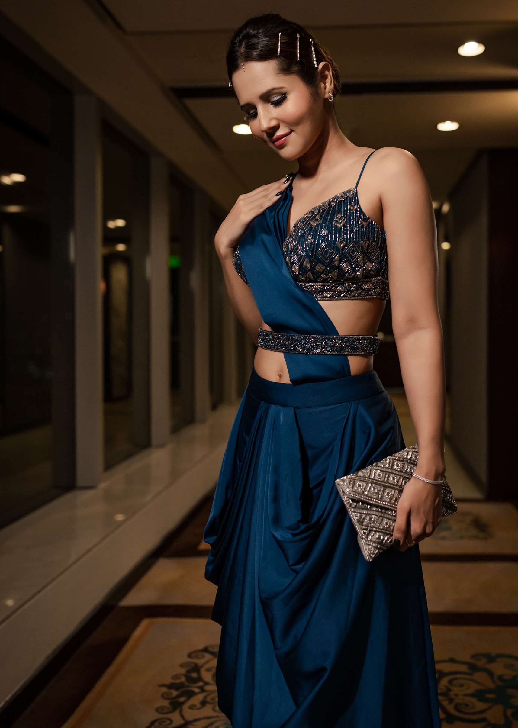 Persian Blue Pre-Pleated Satin Saree With Embroidered Blouse And Belt - Image 4