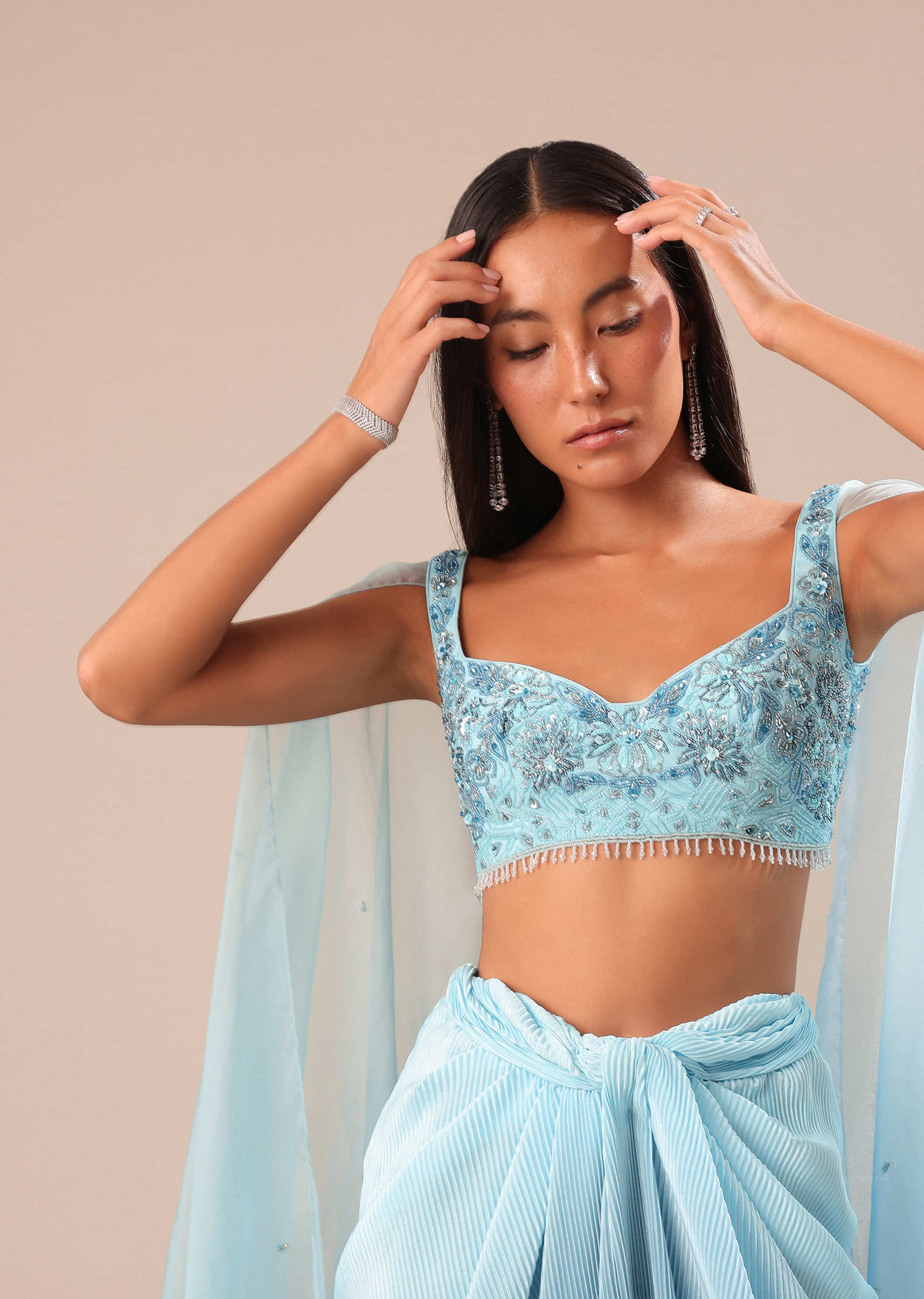 Blue Pre Pleated Twisted Skirt And Blouse With Attched Cape - Image 2