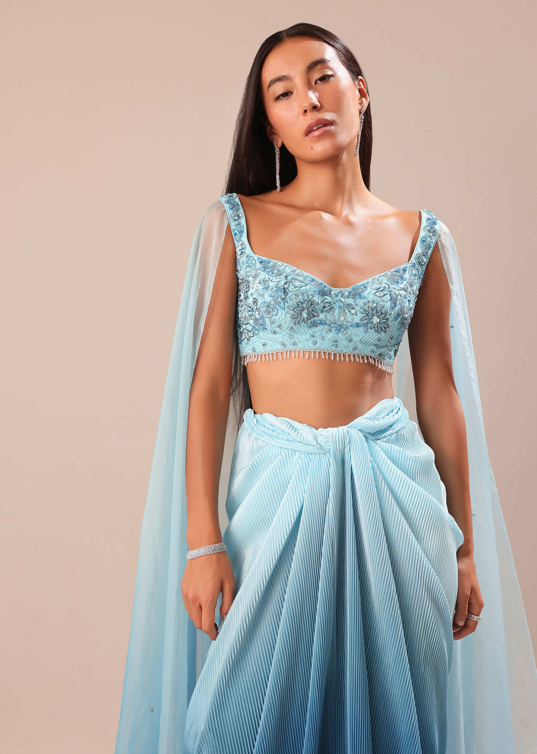 Blue Pre Pleated Twisted Skirt And Blouse With Attched Cape - Image 4