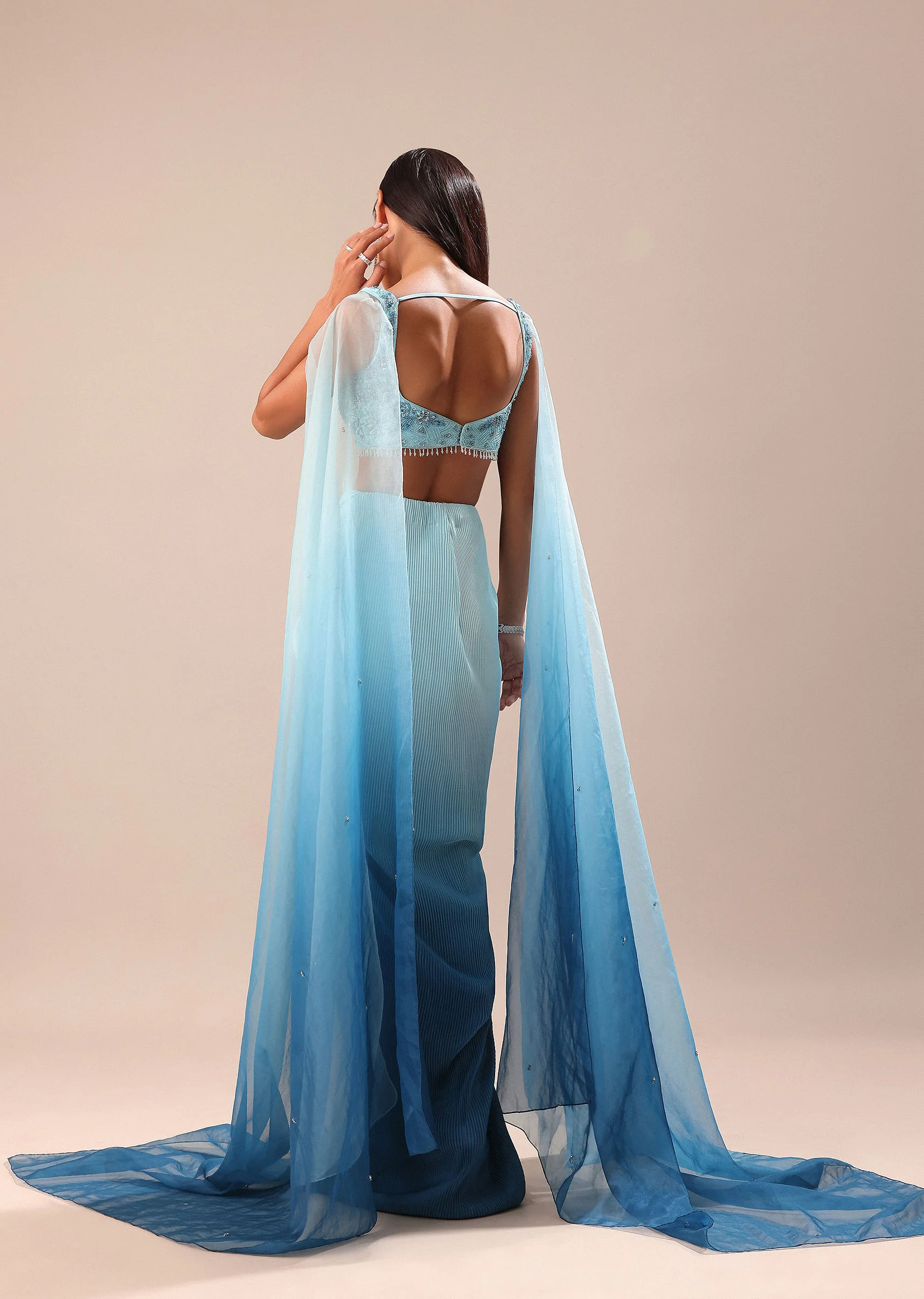 Blue Pre Pleated Twisted Skirt And Blouse With Attched Cape - Image 5