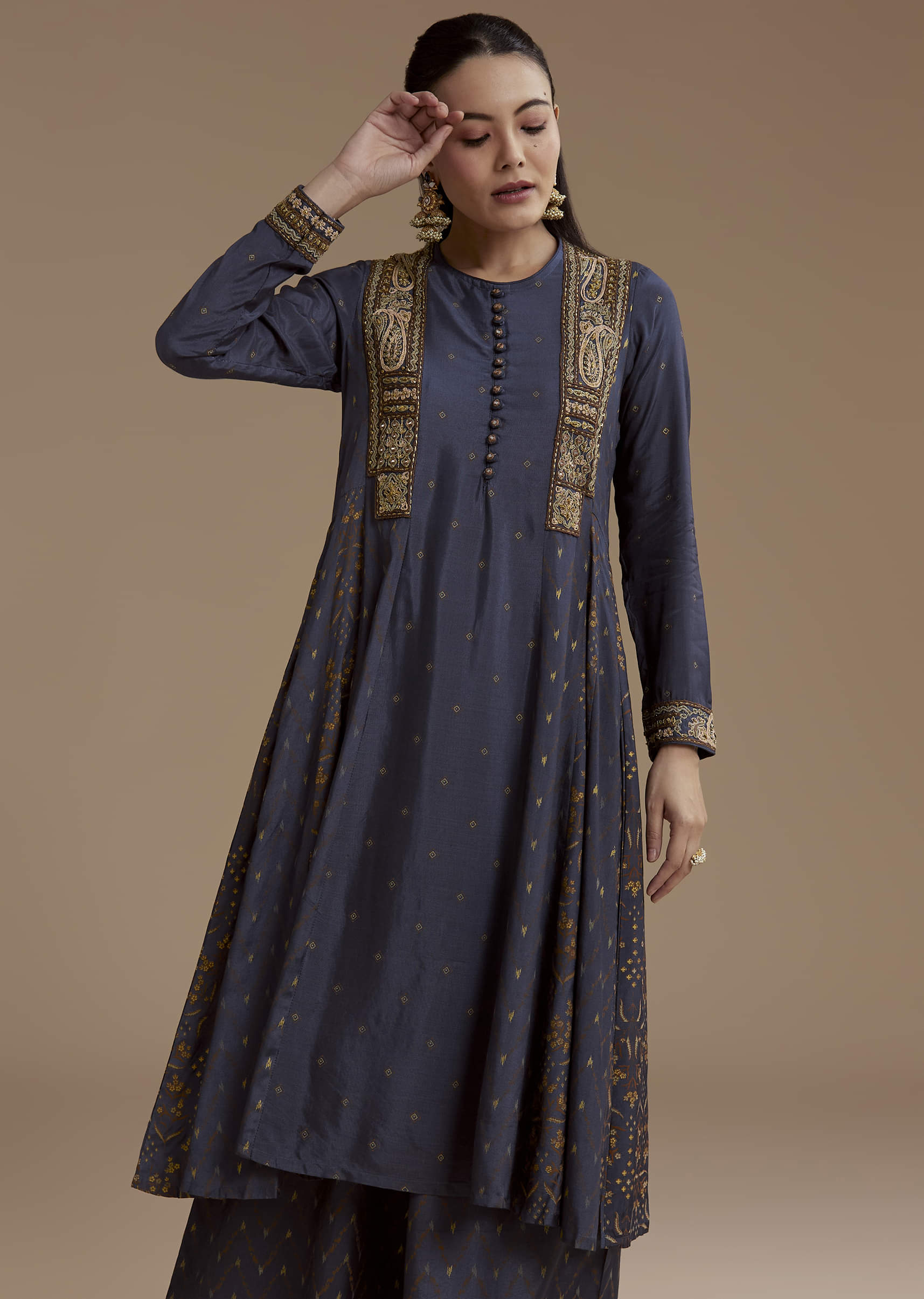 Blue Printed Cotton Kurta Palazzo Set with Thread Work - Image 4